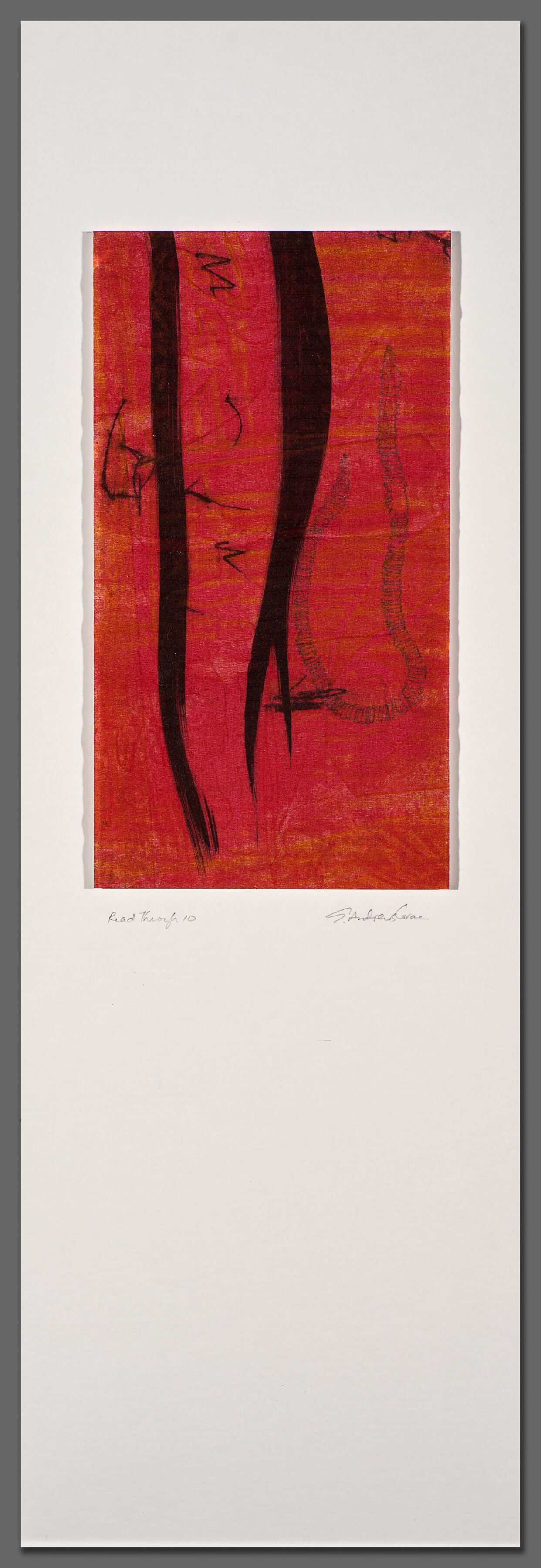 READ THROUGH 8:  Screen-printed silk organza over vellum drawing, methylcellulose mixture, 1 panel on mat board, 24” x 8,”  