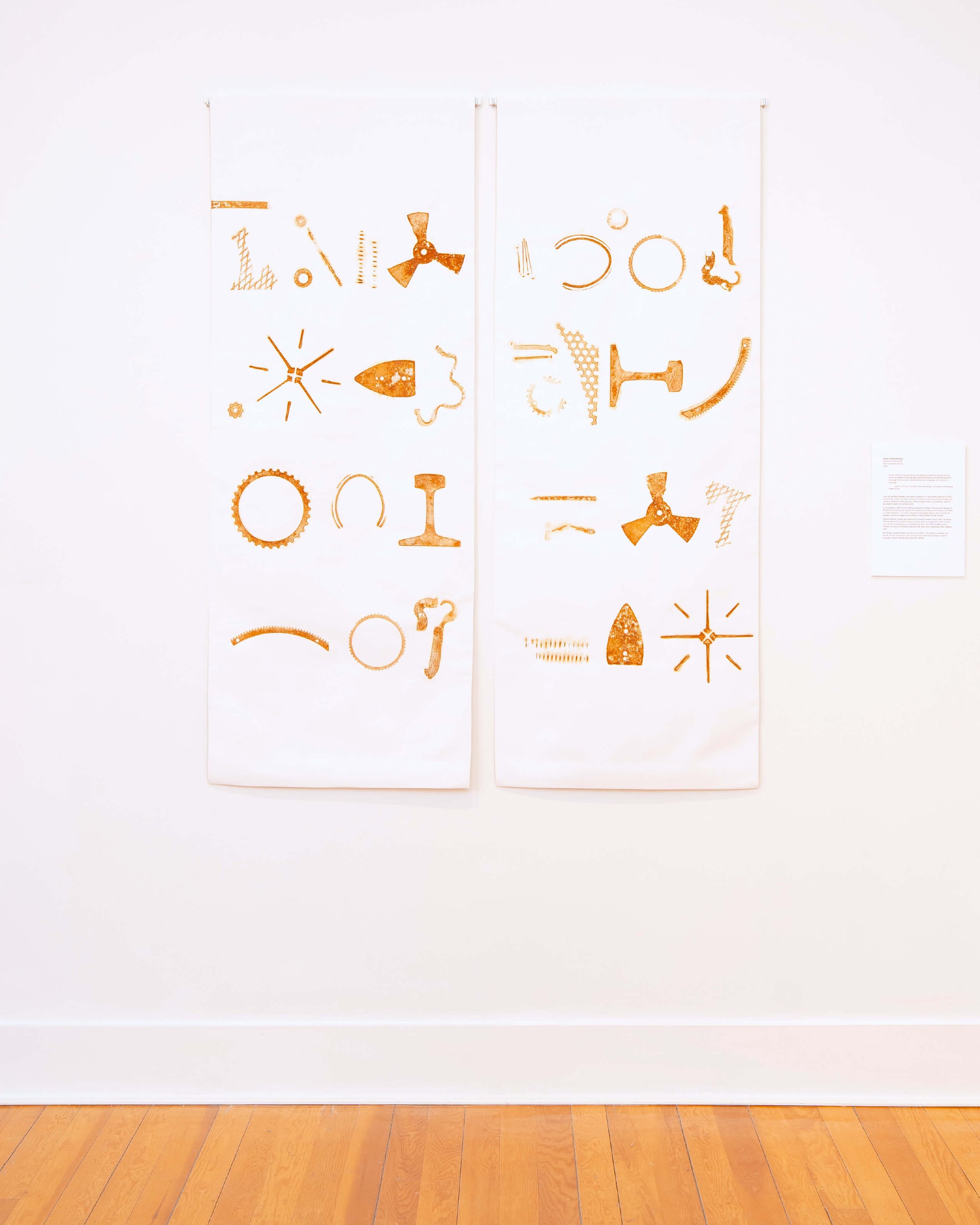 GLYPHS AND GRAMMAR
Rust on primed canvas, 2026
Diptych 23” x 60” each