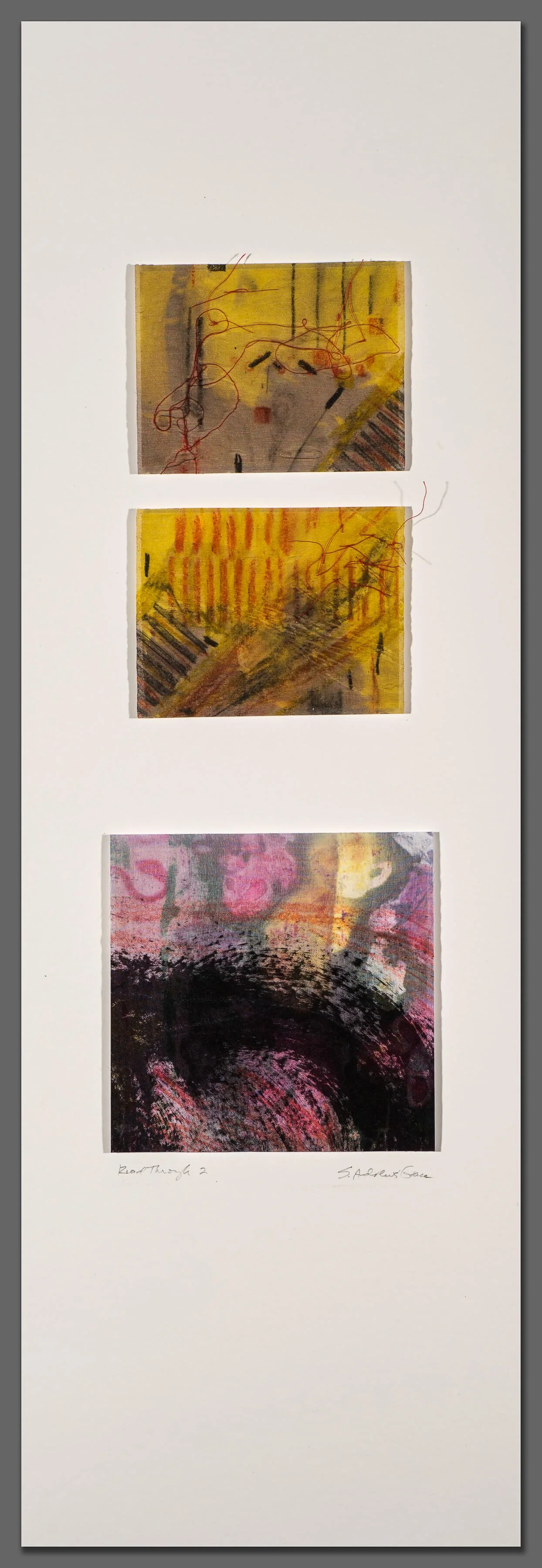 READ THROUGH 1: Screen-printed silk organza over vellum drawing, methylcellulose mixture, 3 panels on matboard, 30” x 10” 