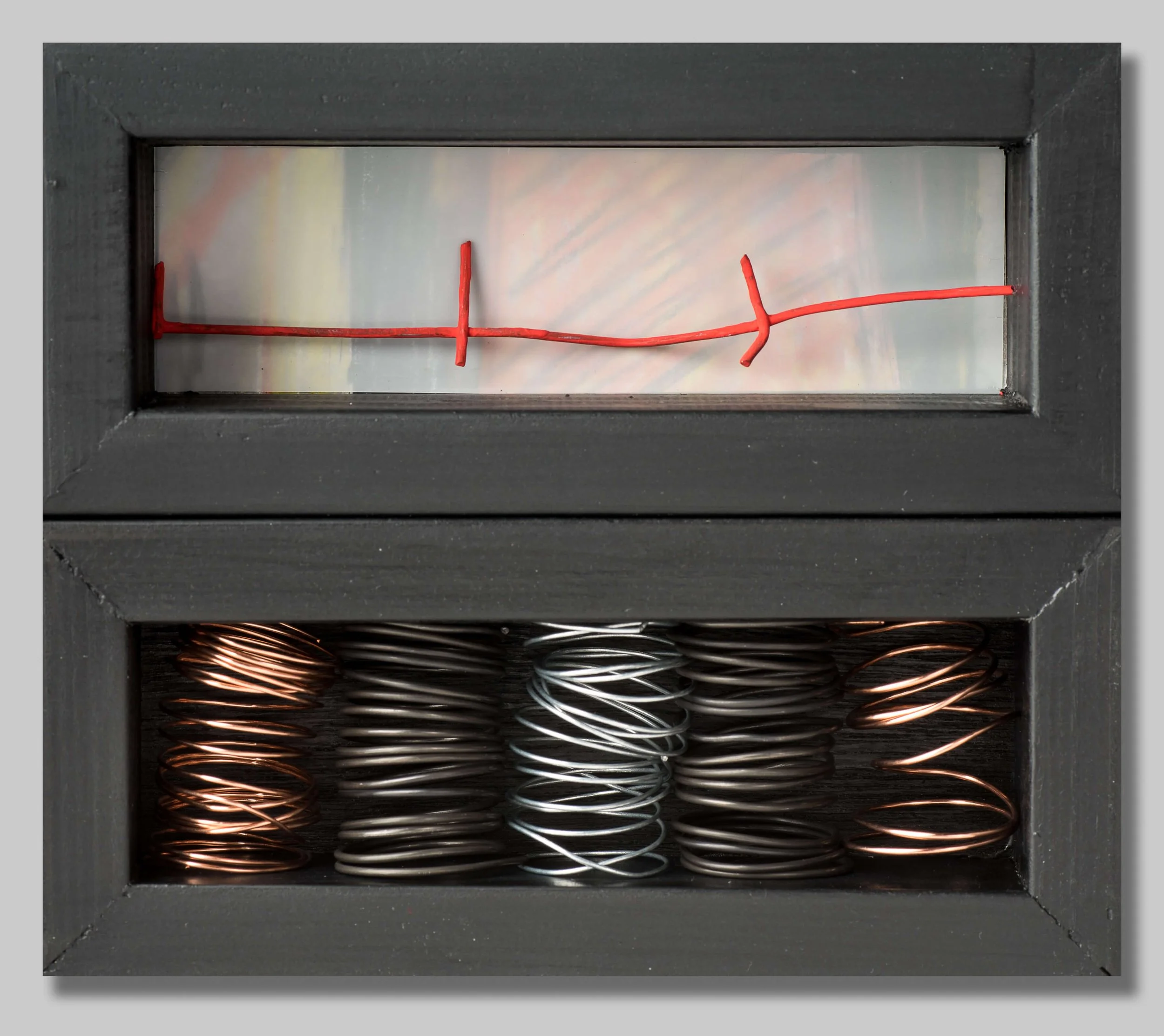 MARRIAGE BOX FOUR, a+b: Dura-lar, drawing on vellum, rebar tie, galvanized steel, copper wires, Flashé paint on wire fencing. Hand-made fir boxes, artist acrylic paint and varnish), 3” x 7” x 1 1/2” (7.6 x 17.7 x 3.8 cm) Pair: 6” x 7” x 3” (15.2 x 17