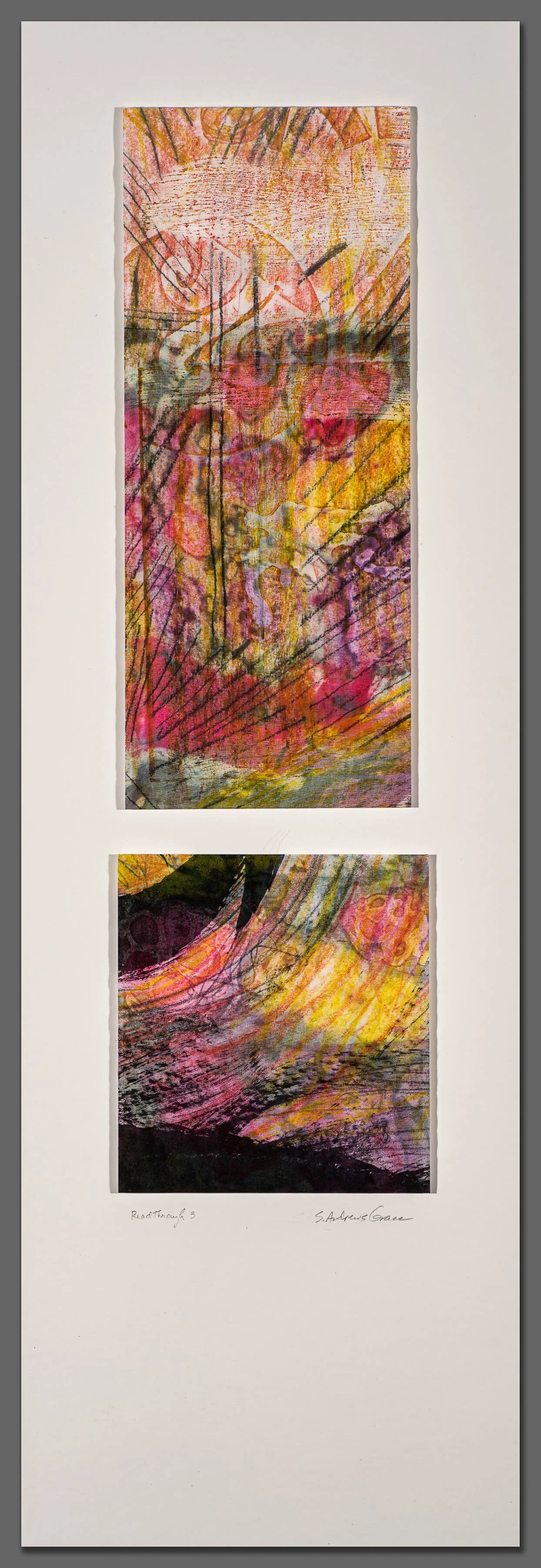 READ THROUGH 3: Screen-printed silk organza over vellum drawing, methylcellulose mixture, 3 panels on matboard, 30” x 10” (76.2 x 25.4 cm), 2015