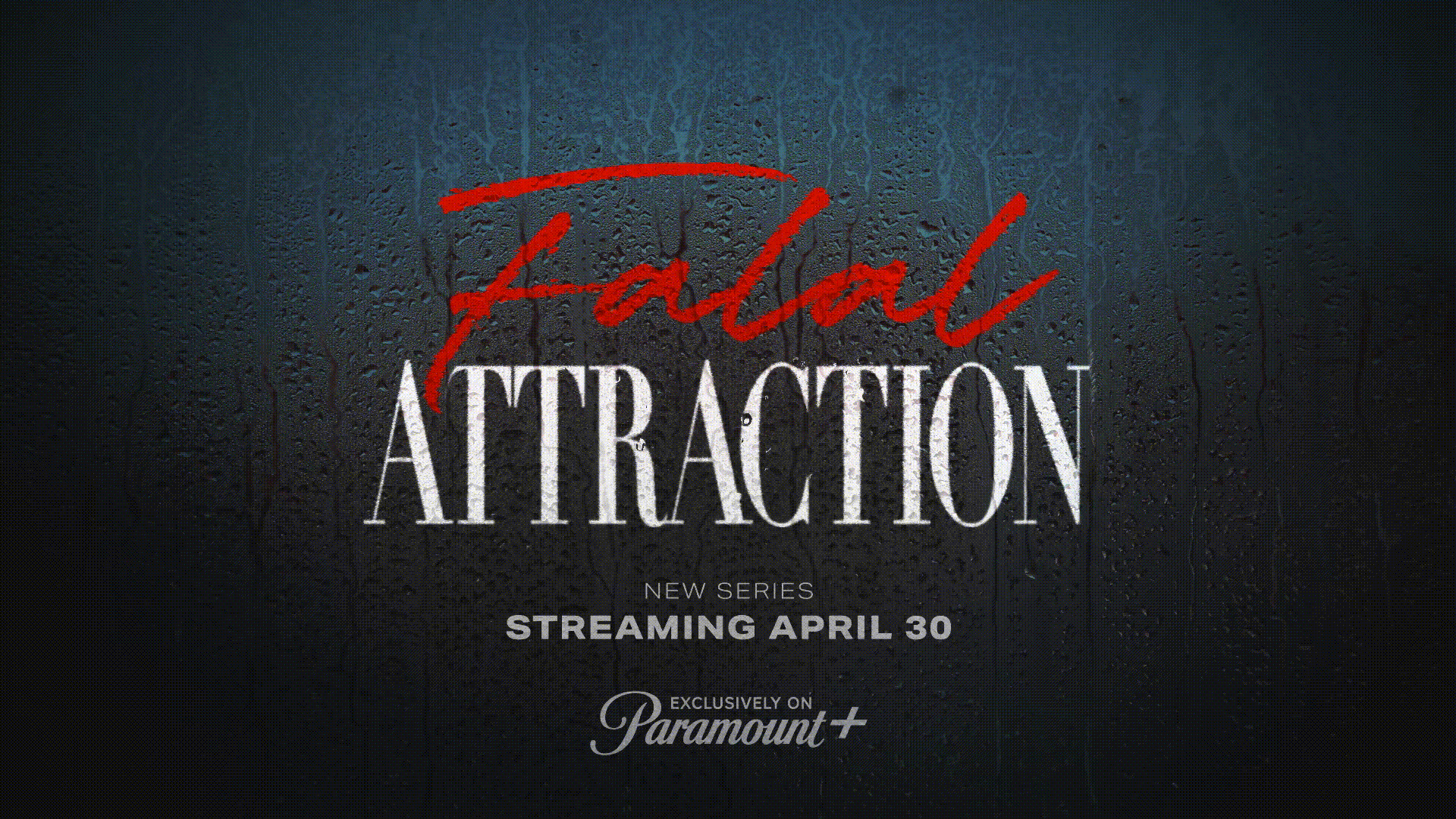 The motion of water droplets falling creates an effect that connects two different graphic title cards.