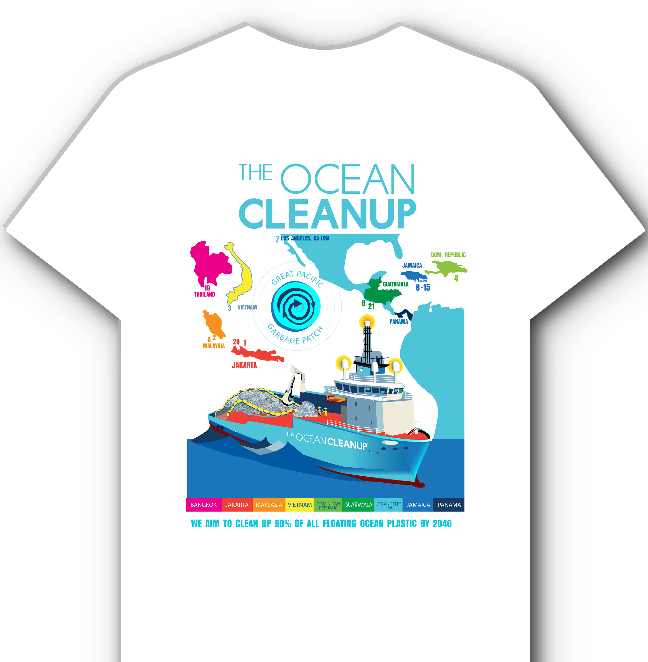 Vector "System 3" Ship Τ shirt Design with Global locations of TheOceanCleanup.com