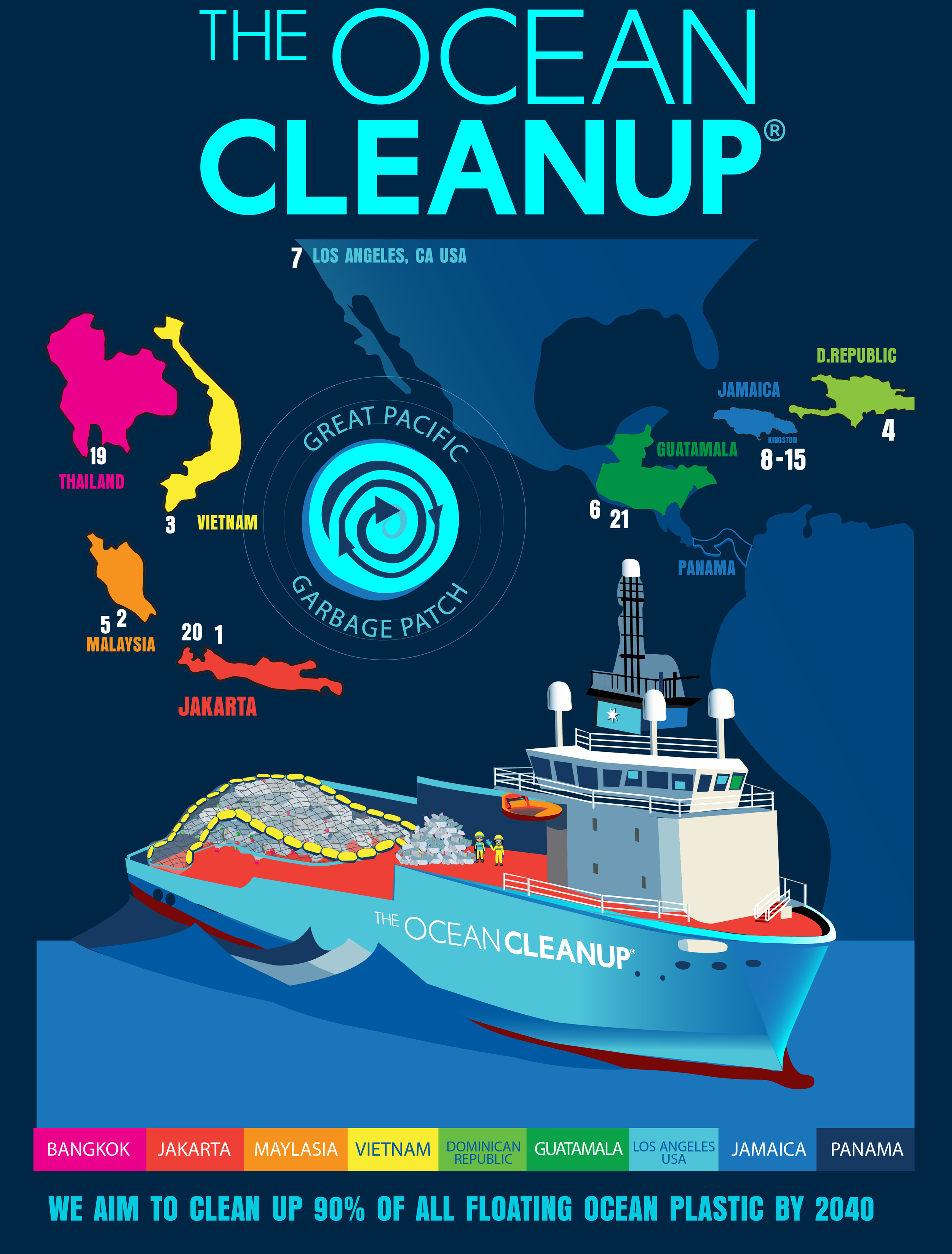 Vector Τ Shirt Design "System 3" Vessel & World Map with TheOceanCleanup.com Locations (Design by CPROPPE.COM)