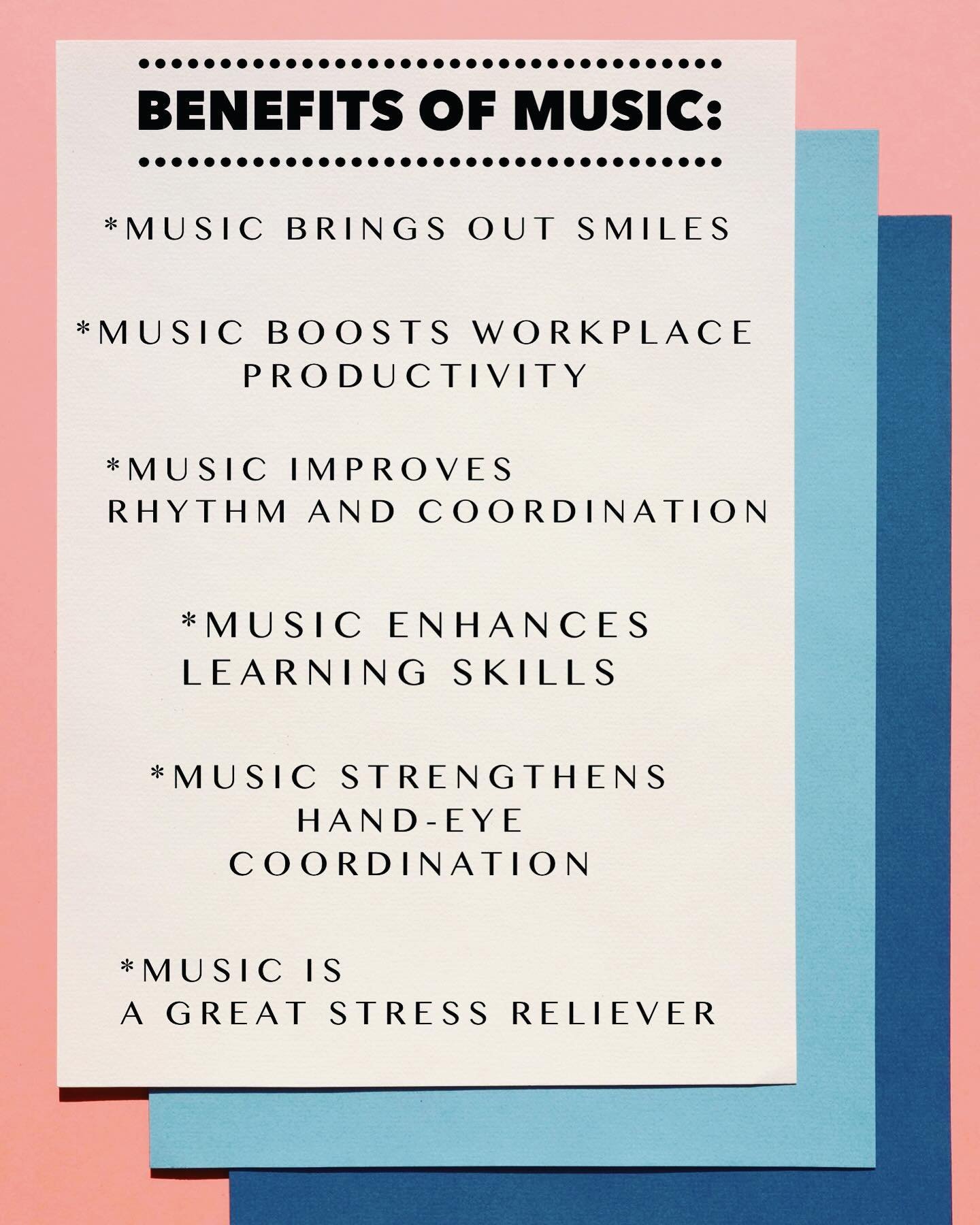 Music is so important for so many reasons&hellip;here are just a few benefits of music. Kids, adults, and seniors can all benefit from playing and listening to music. Give us a call today to get signed up with the perfect teacher!!! 🎹🎸🥁🎻🎺🎷805-4