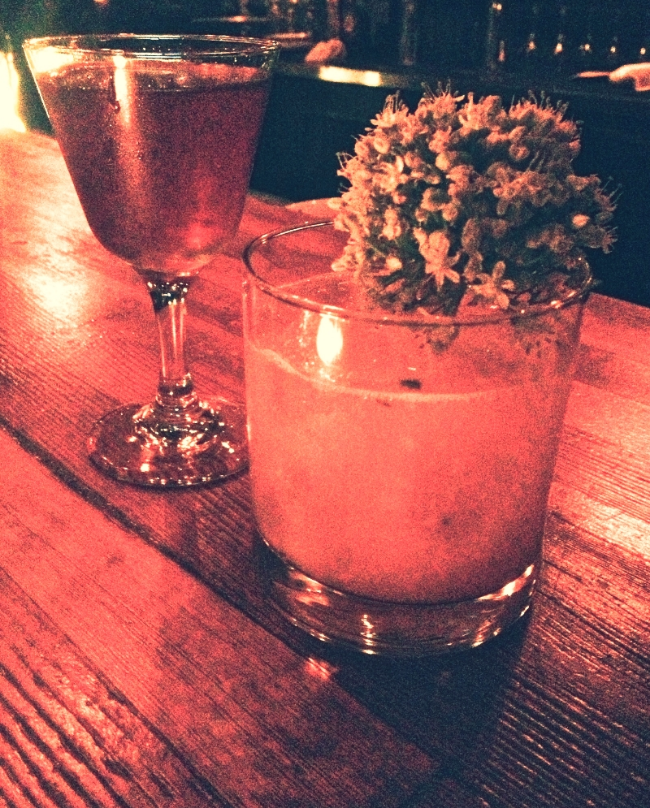 Apricot Manhattan (Blenheim apricot bourbon, vermouth, bitters) and #11 (tequila, lovage, concord grapes, shallot flower, scorpion salt).