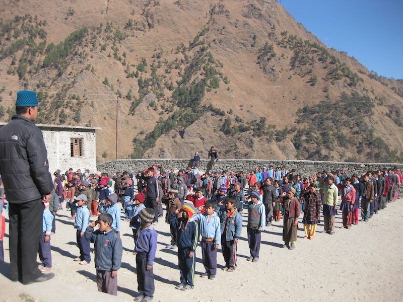 The children lined up at morning assembly in Gatlang