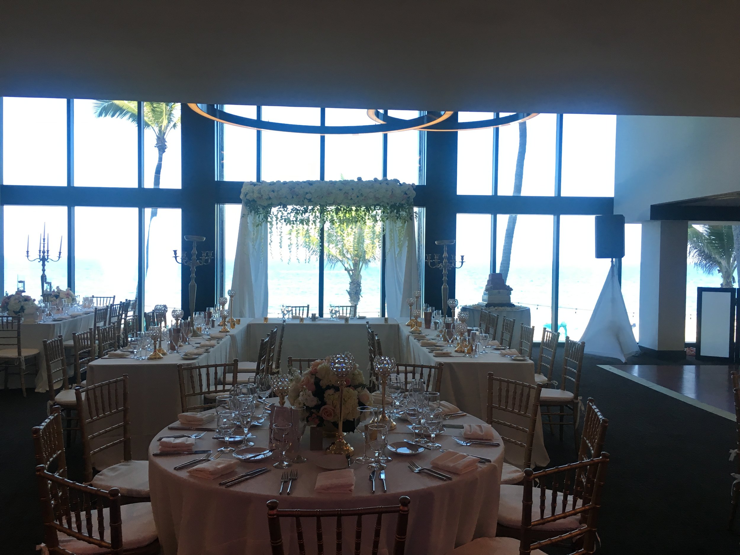 Pink Rose Gold Wedding Floral Canopy Chiavari Chairs