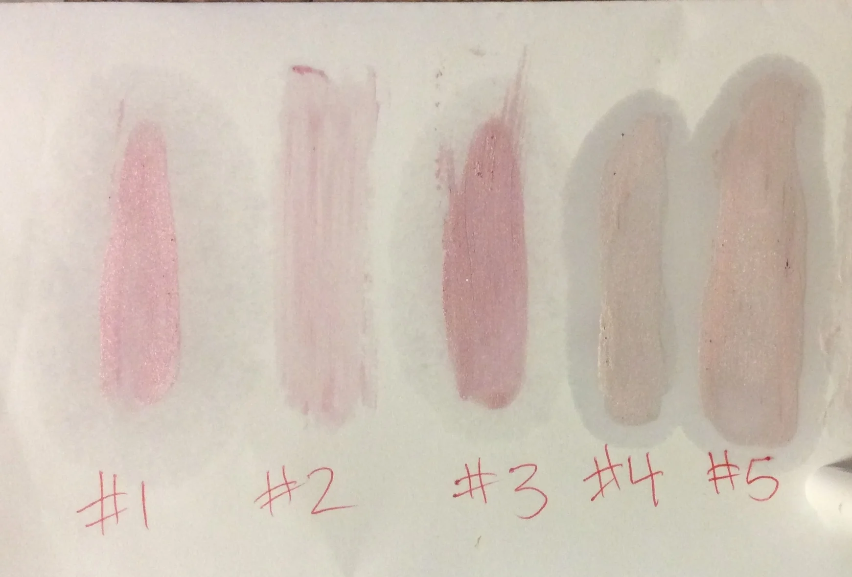 Too pink, not enough shimmer, way too pink, a little too light, but #5 is Just RIGHT!