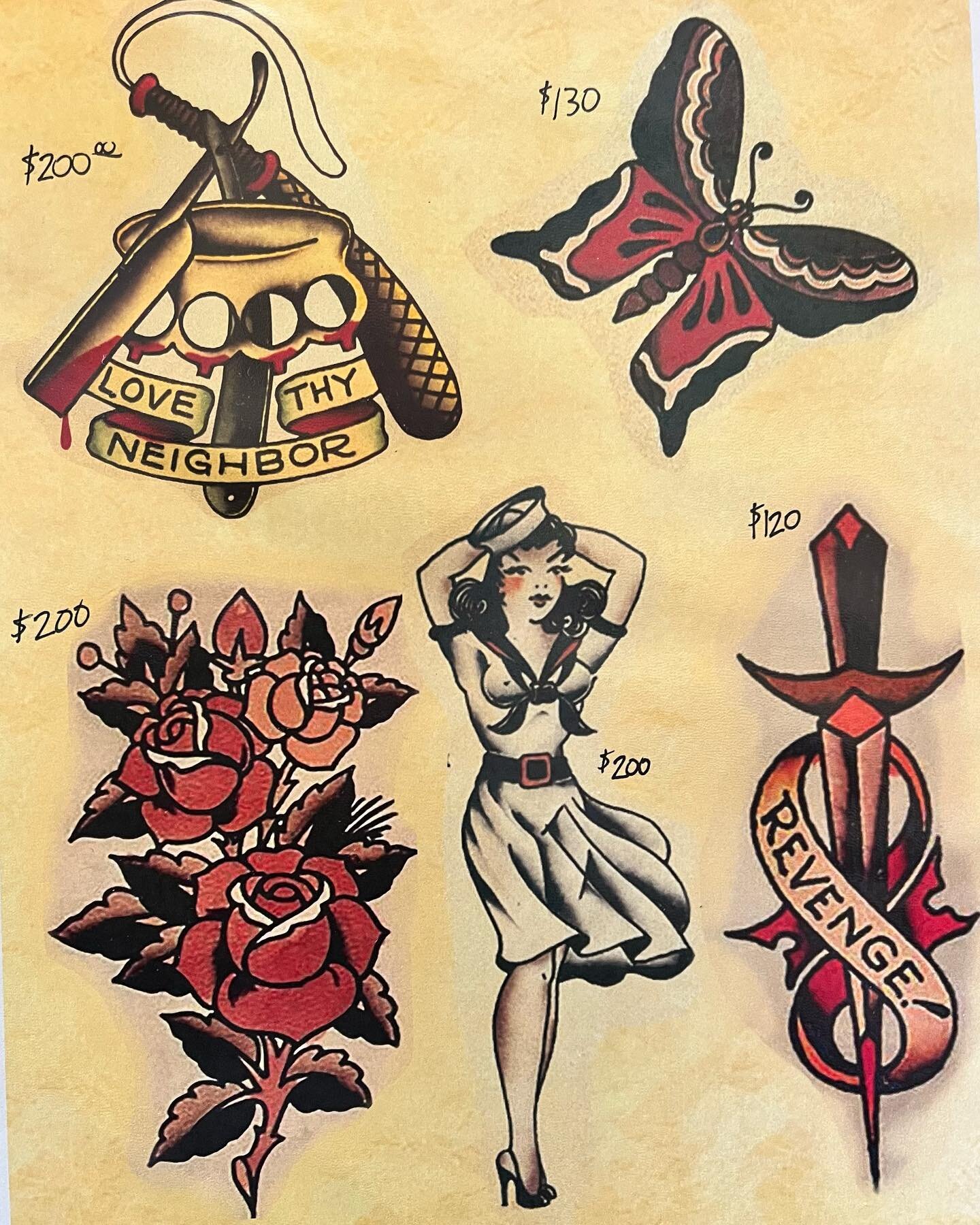 Hey guys! Jason ( @tattoozen ) has time for a few sailor jerry walk in specials tomorrow from 11-6.
Pre-priced and sized designs for a great price!