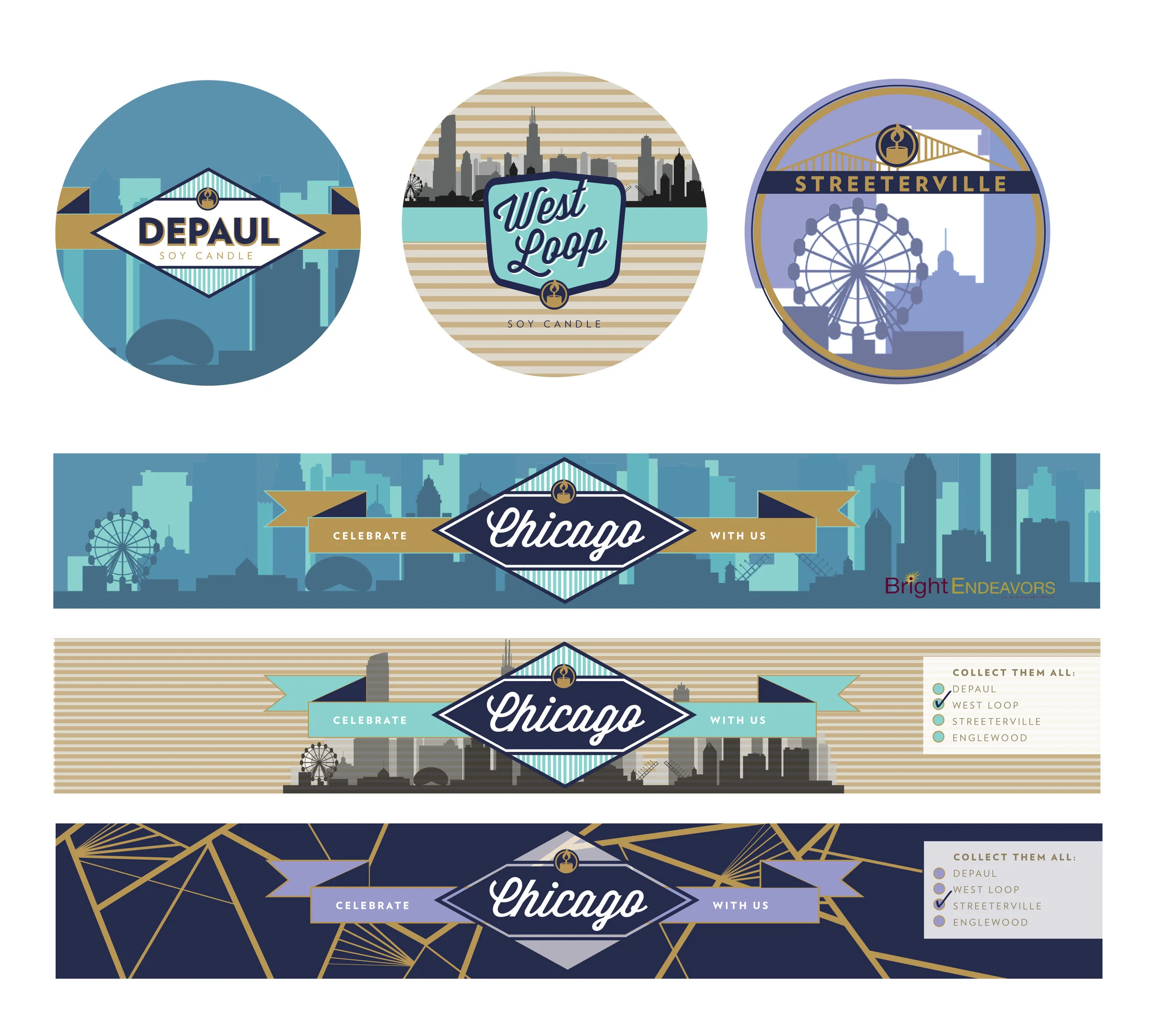 ABOVE: Initial concepts shared with client.&nbsp;BELOW: Final collection depicting four different Chicago neighborhoods where candles would be sold.&nbsp; And a shelf display at one of the four participating Whole Foods locations.&nbsp;