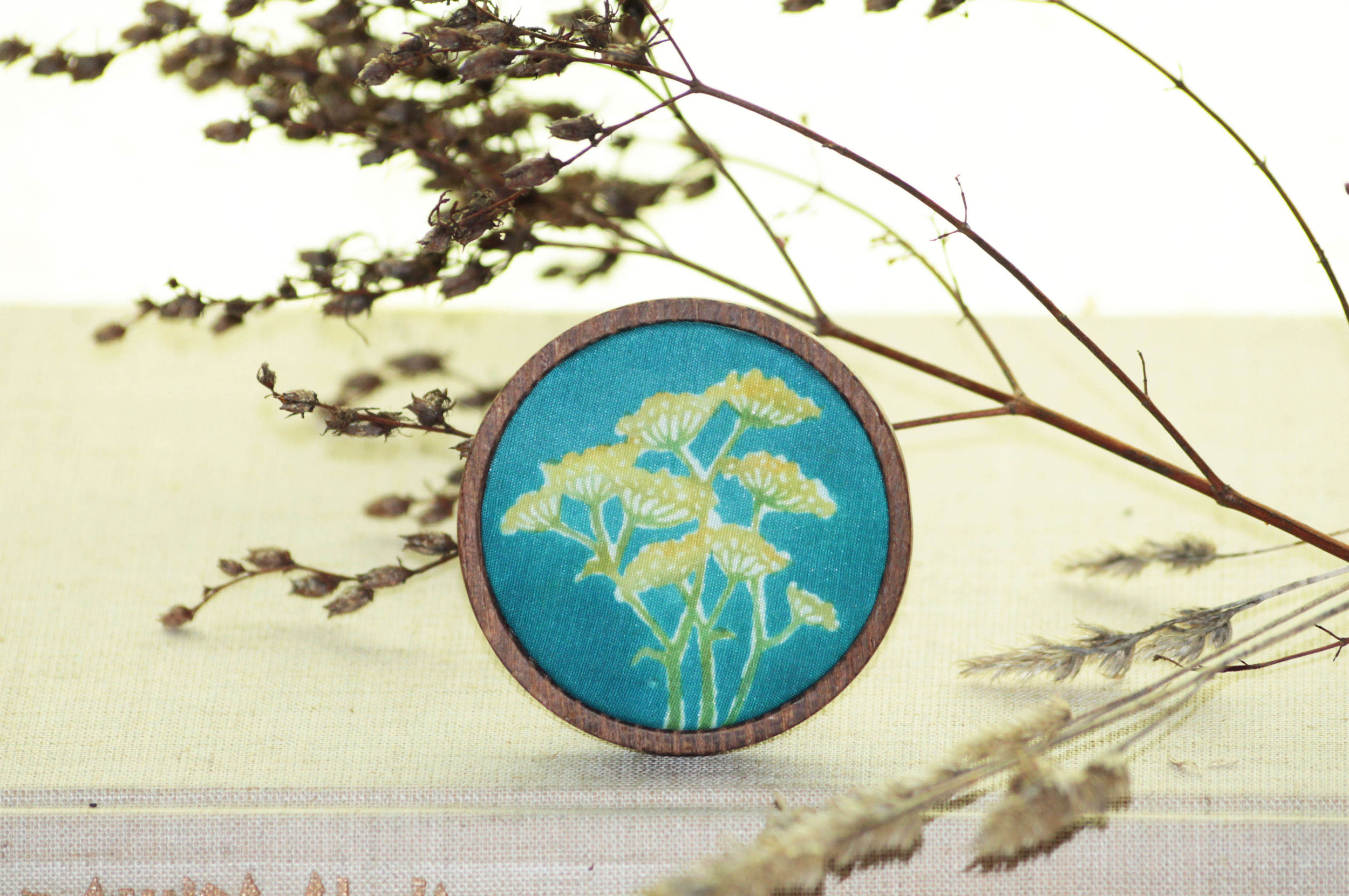 Beautiful Weeds of Canberra Brooches - Wild Fennel - katazome and dyes on silk dupion, 2017