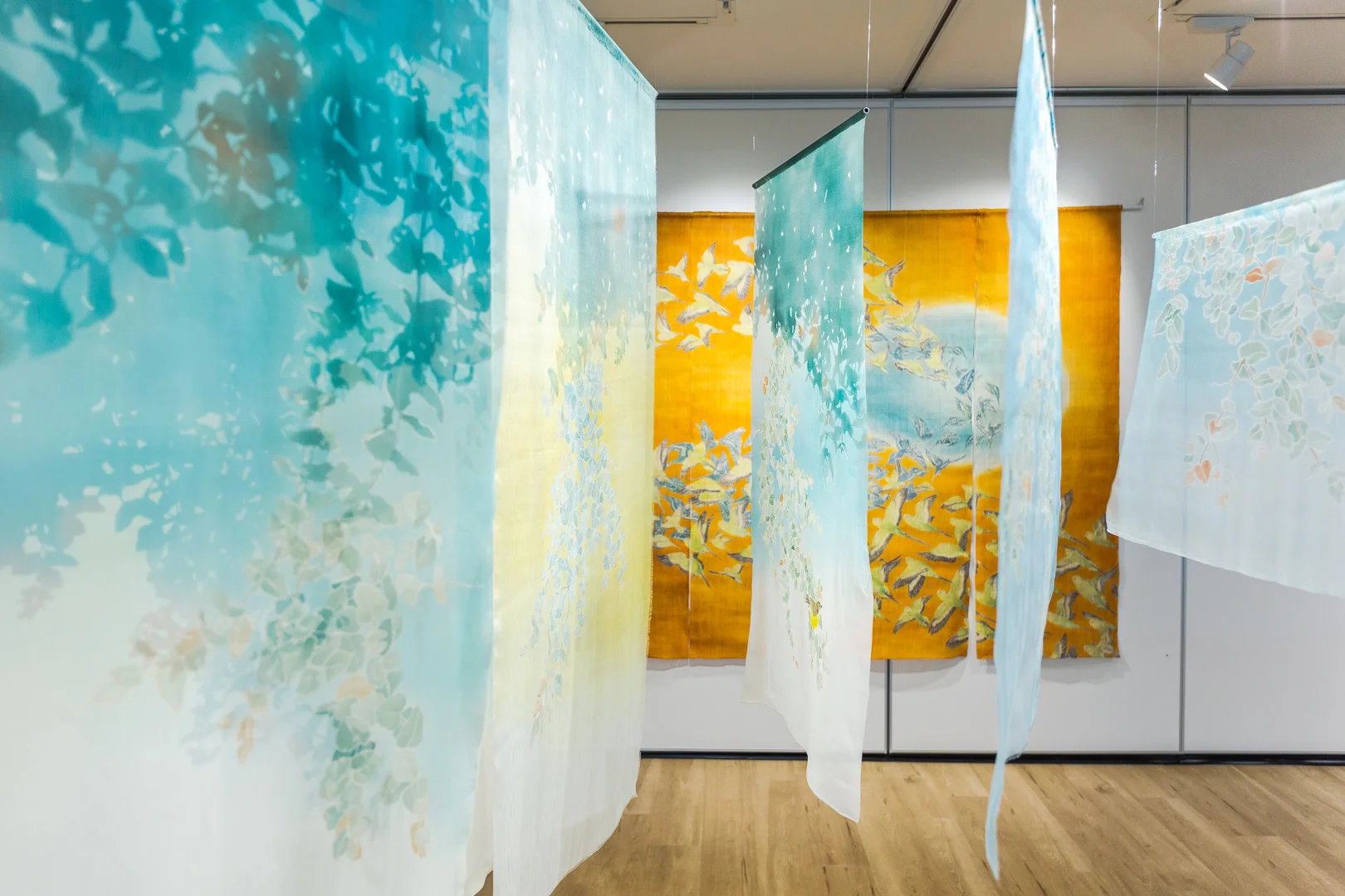 Solo Exhibition at the Japan Foundation, Sydney, 2016. Pictured are "Canberra Blues" 2014 and "Murmurations" 2014. Photo by Document Photography.