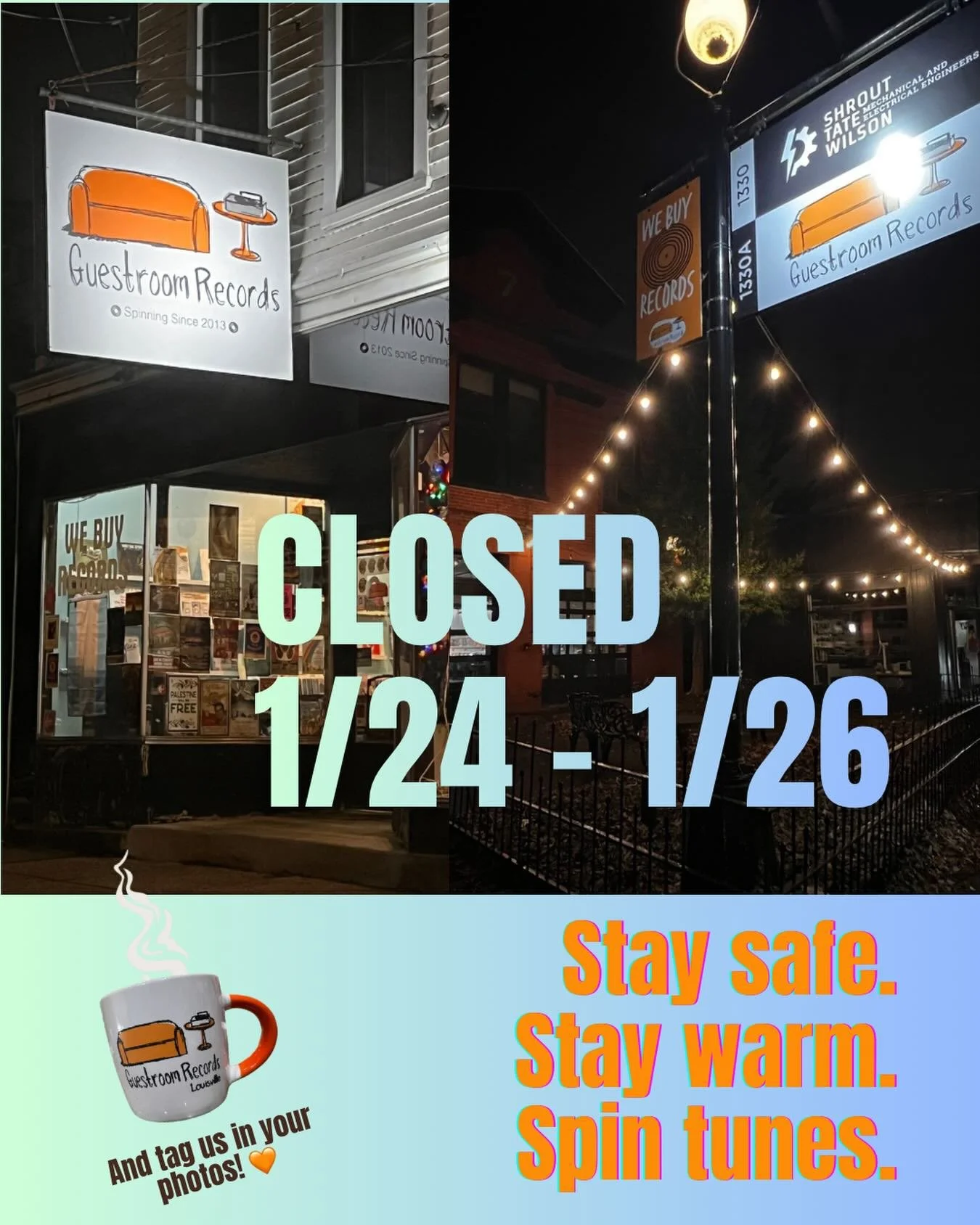 Hey buddies! In the utmost safety for staff and community we will be closed today through Monday. Spin those records tapes and CDs and tag us in your cute Guestroom gear from home! We&rsquo;ll miss ya! But we&rsquo;ll see you safely soon. ❄️🧡❄️🧡❄️?