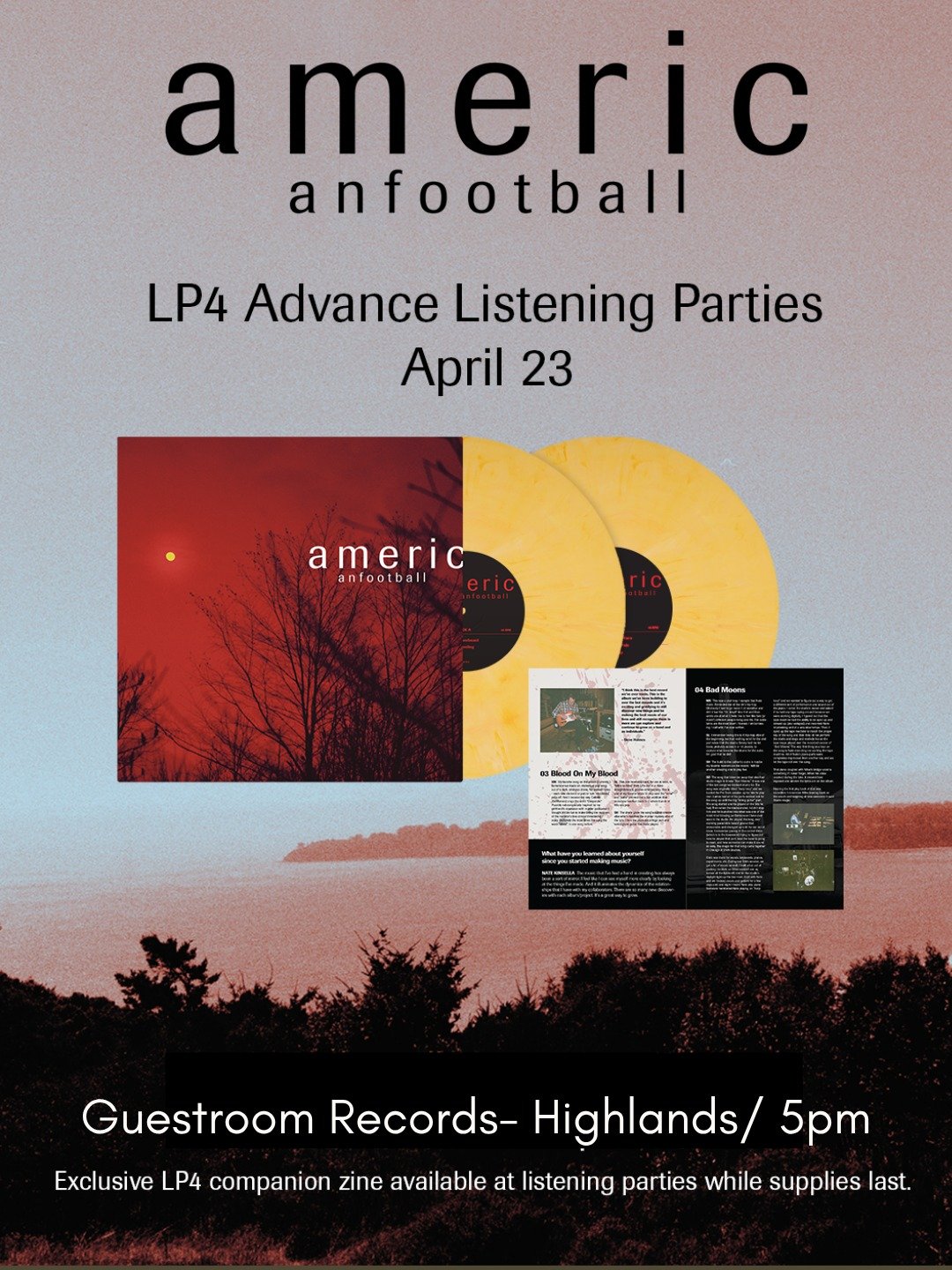 We're excited to host an official advance listening party for American Football (LP4) on April 23 @ 5pm at our HIGHLANDS location! 😎🎉🏈 Hear the full record 8 days early and receive an exclusive LP4 companion zine (while supplies last) with track-b