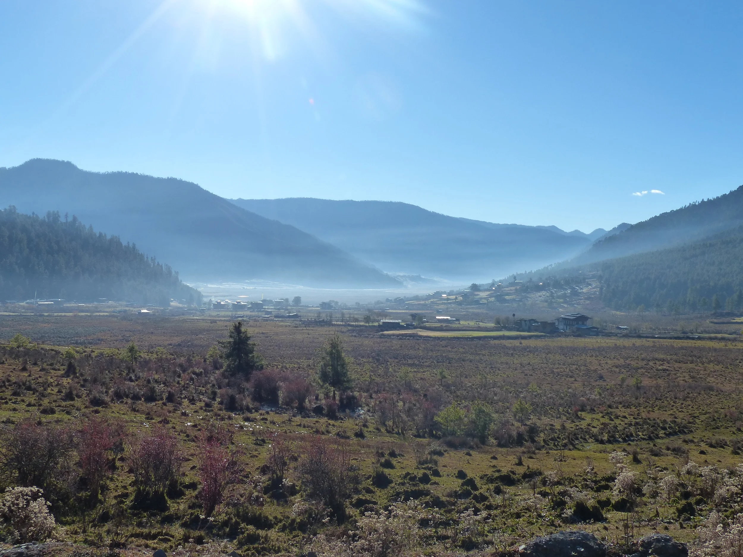 The sun rising over the Gangtey Valley