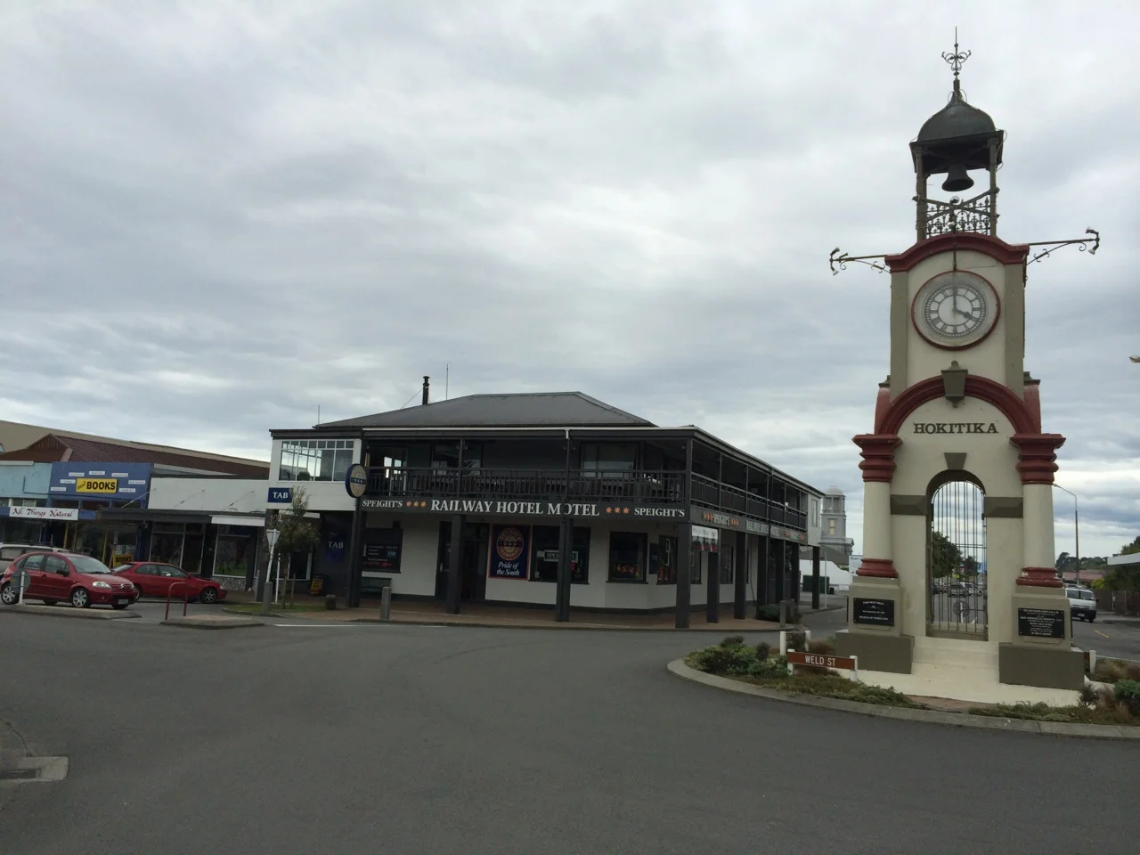 The now small (population 5,000 vs. 50K in gold rush days) Hokitika beach town