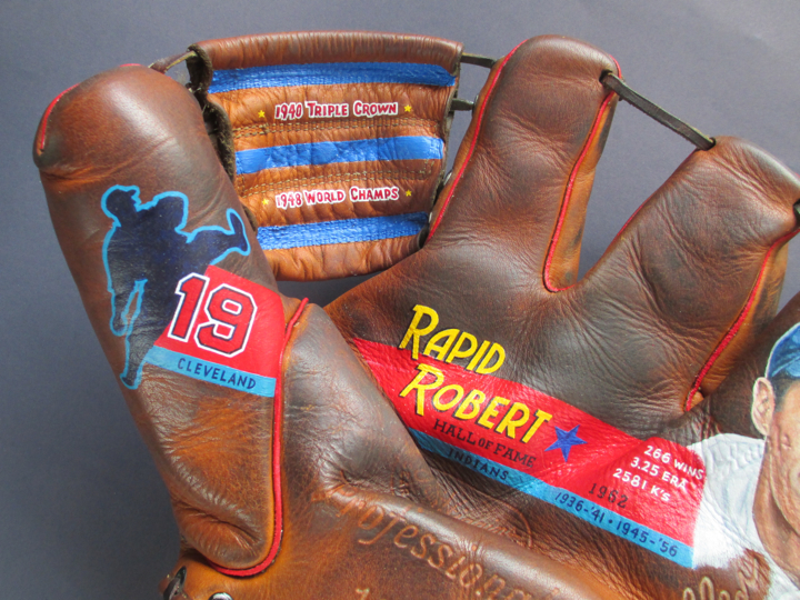 Bob Feller Artwork on Vintage Baseball Glove — Sean Kane Baseball Art -  Painted Gloves