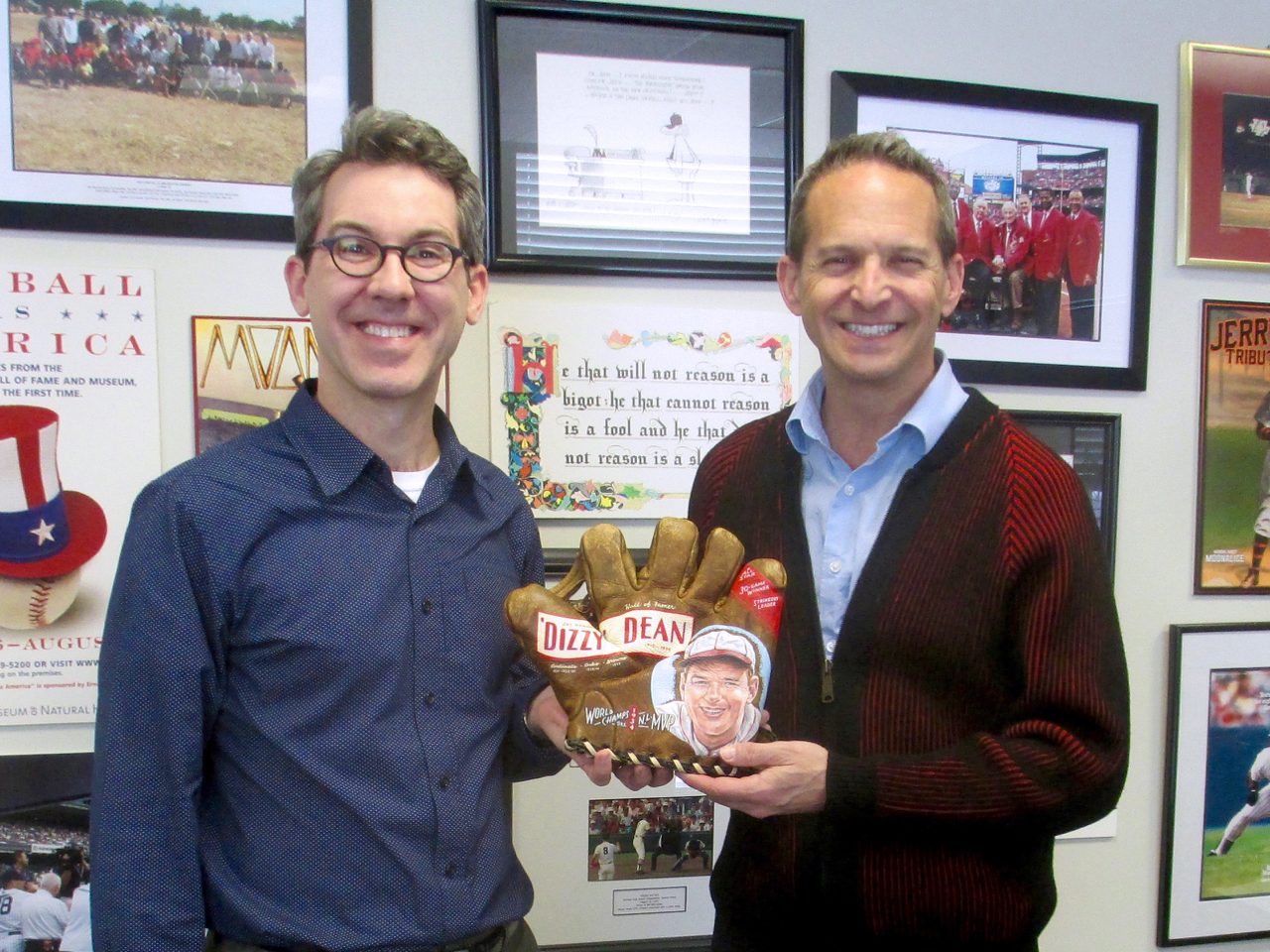 Sean Kane and Hall of Fame president, Jeff Idelson, with Dizzy Dean painted glove artwork.