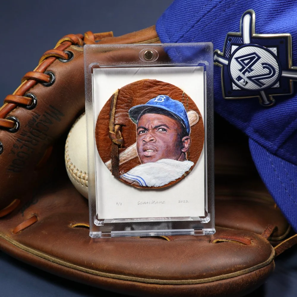 Jackie Robinson Baseball Card Art — Sean Kane Baseball Art - Painted Gloves
