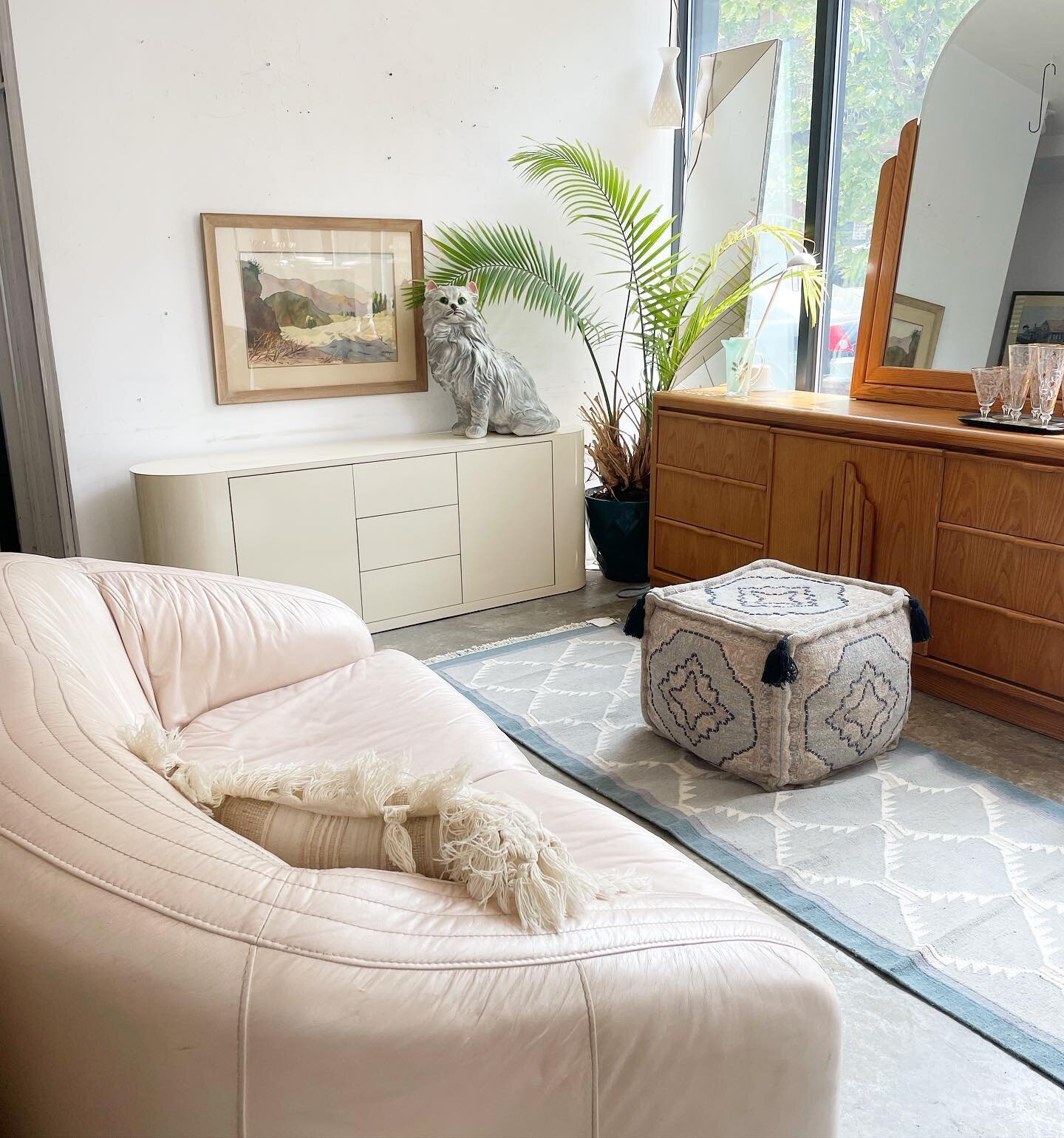 Glossy

Cream laminate credenza (67&rdquo;l x 14&rdquo;d x 24 1/4&rdquo;t): $650
Pearlescent leather loveseat (61&rdquo;l x 37&rdquo;d x 30&rdquo;t): $450
Bassett 9 drawer dresser (72&rdquo;l x 18&rdquo;d x 31&rdquo;t): $625
Large mirror with wood ar