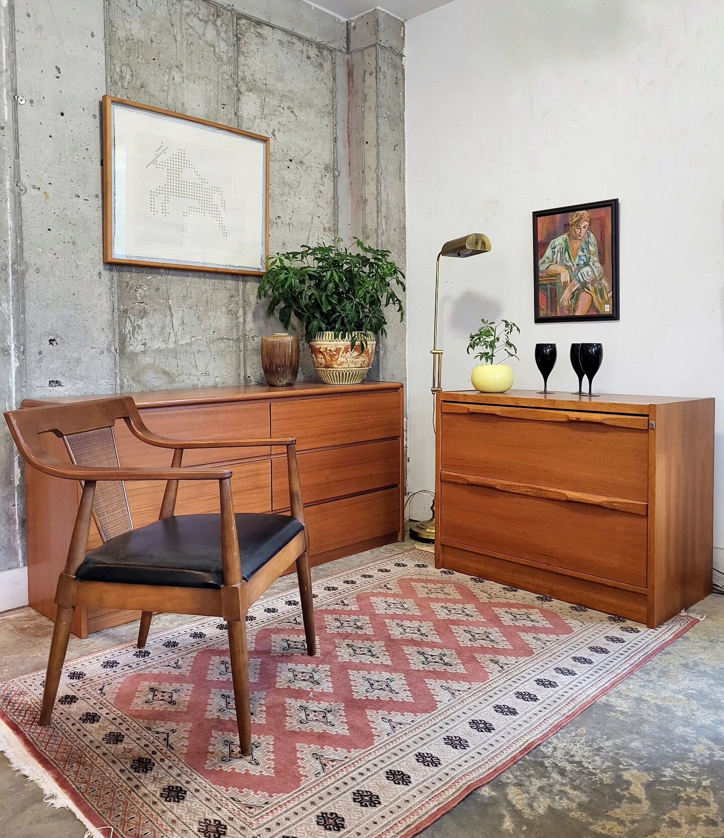 Crisp teak and clean lines at Graham Ave

Six-drawer teak dresser: $550
(30&quot;h &times; 61&quot;w &times; 17.5&quot;d)

Two drawer teak chest: $350
(29&quot;h &times; 36.5&quot;w &times; 17.5&quot;d)

Midcentury walnut armchair: SOLD
(31&quot;h &t