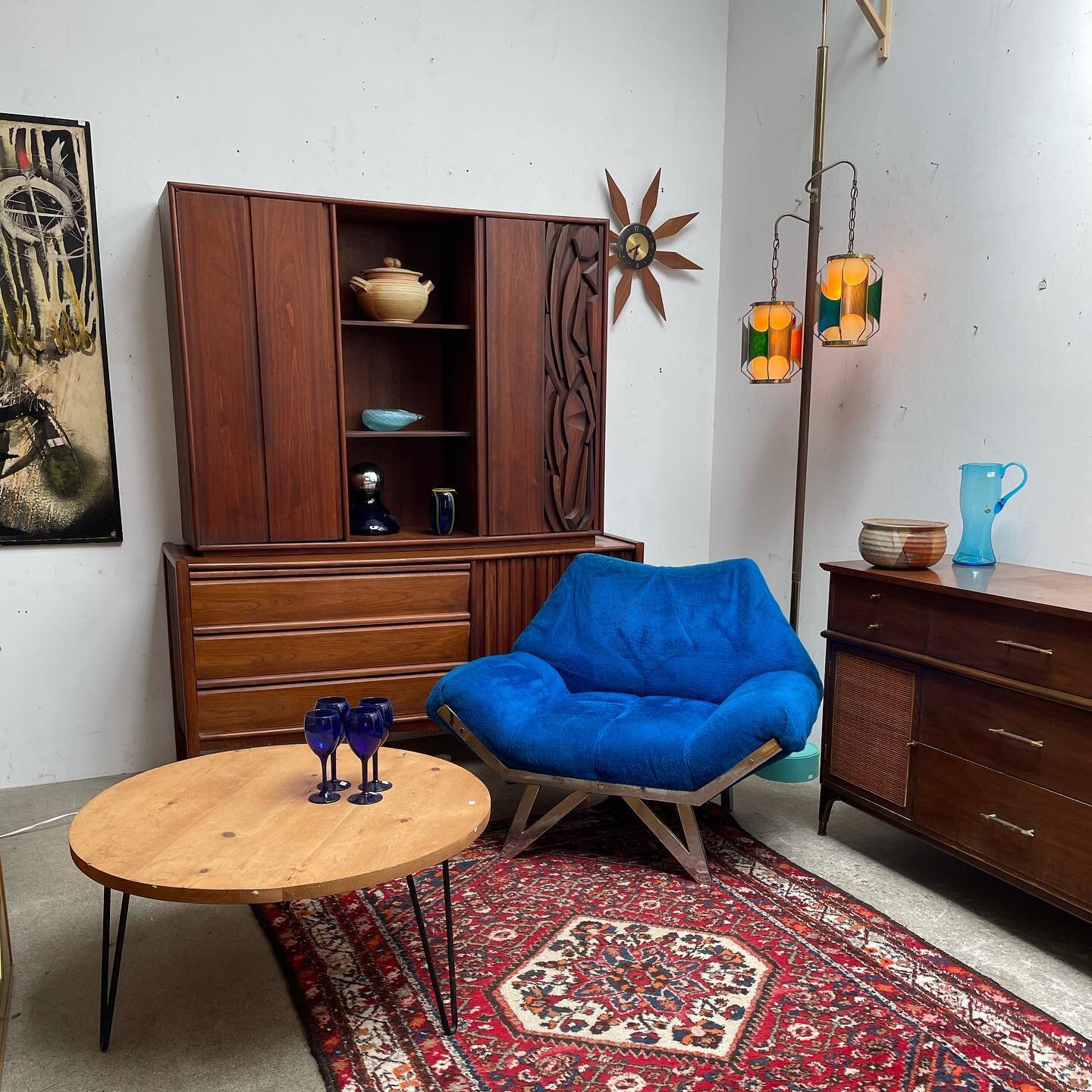 Mid-century + Cookie Monster 🧿
.
Brutalist two piece hutch (63&rdquo;w x 20&rdquo;d x 76&rdquo;t): $850
Cookie monster fuzzy 1960&rsquo;s armchair - SOLD
Cane front sideboard (60&rdquo;w x 18.5&rdquo;d x 33&rdquo;t): $595
Wool area rug (82&rdquo; x 