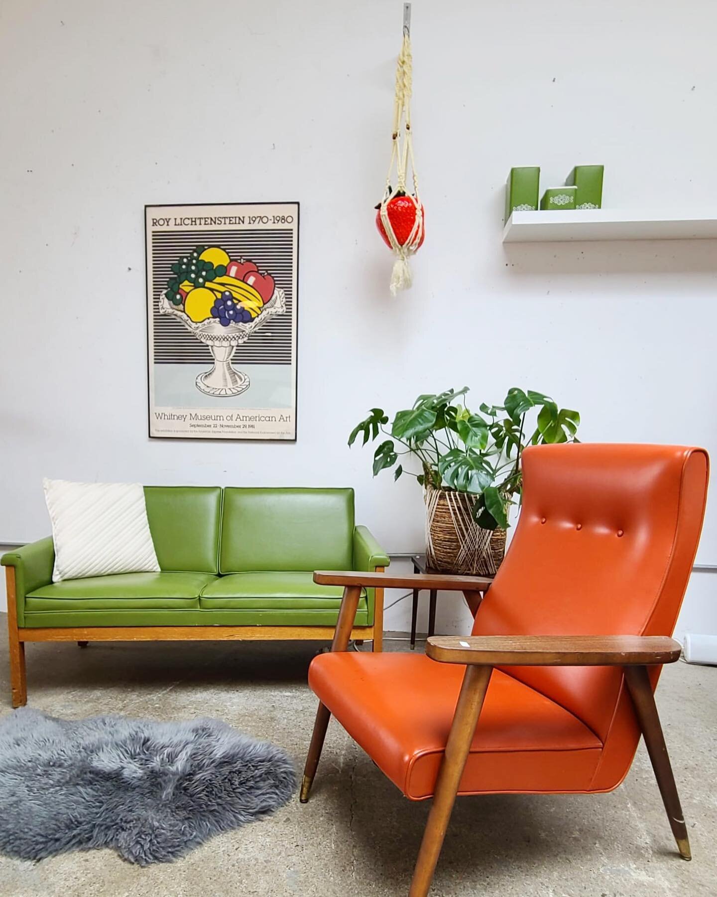 Going bananas over this fruity situation 🍌 🍓🍋🍊🍎🍇 Pop art and pops of color now available in Greenpoint!
First Photo:
Green Vinyl Thonet Loveseat - SOLD
 (52.5&rdquo; L x 27&rdquo; D x 16.5&rdquo; SH x 28&rdquo; BH)
Orange Thonet Chair-SOLD 
(27