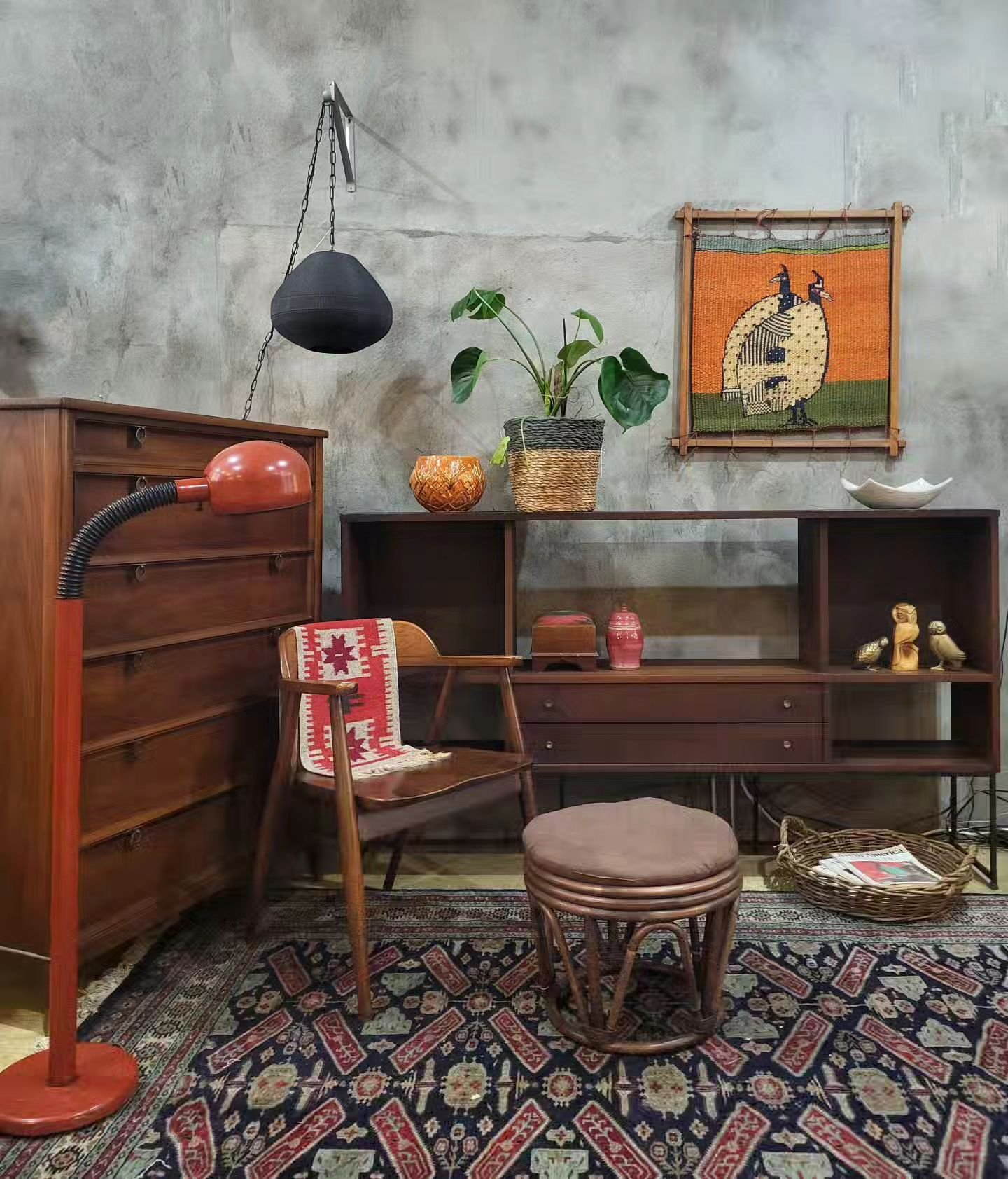 Roost 🪺

Walnut display unit by Stanley: $625
(41&quot;h &times; 72&quot;w &times; 12&quot;d)

Midcentury six drawer tallboy: $525
(51&quot;h &times; 38&quot;w &times; 19&quot;d)

Walnut armchair: $165

Orange gooseneck floor lamp: $245

Corrugated 