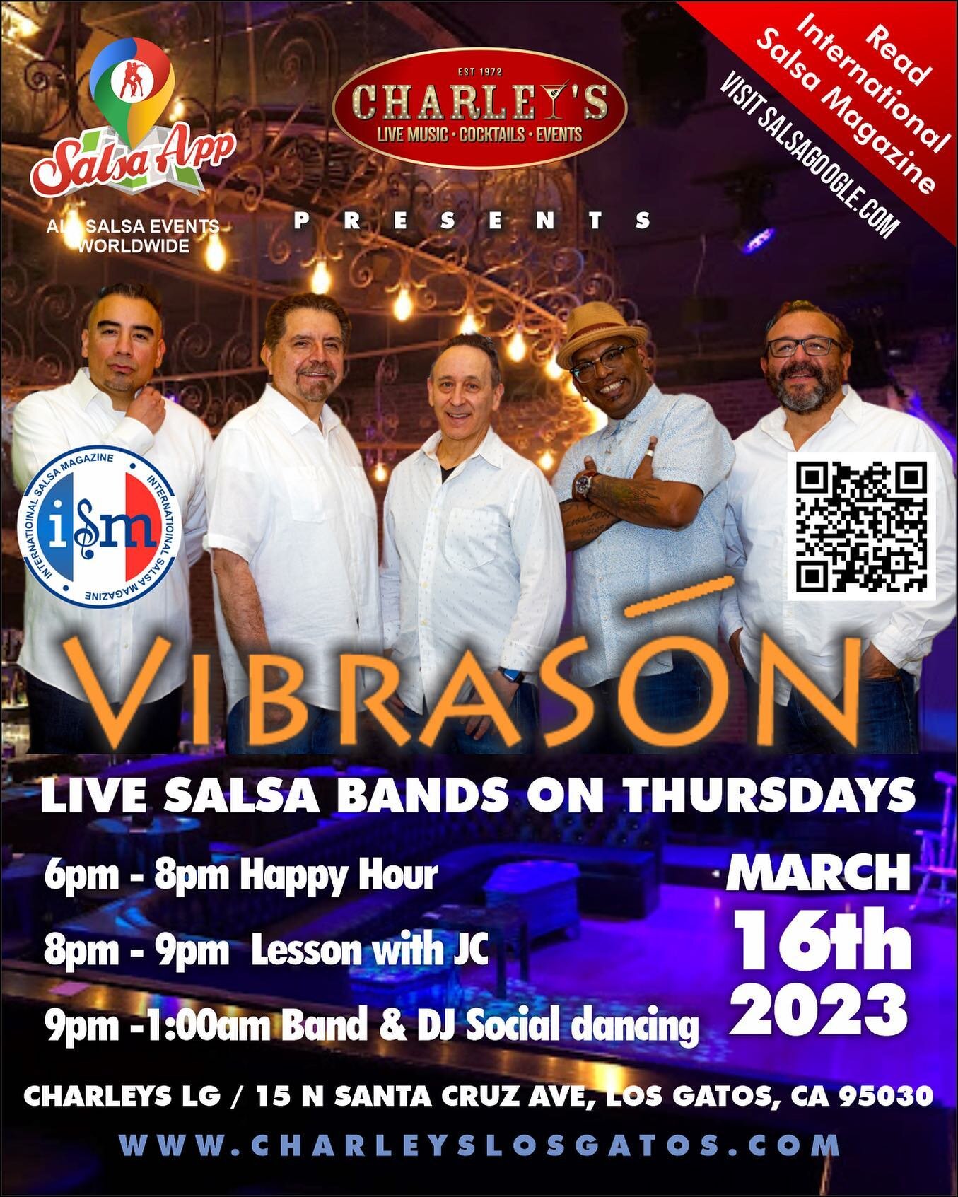 Join Conjunto VibraSON live Thurs 16 March at Charley&rsquo;s LG! Salsa lesson by JC before the show too!