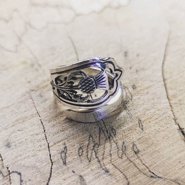 Vintage spoon handle upcycled into a silver ring with Scottish Thistle open pattern &pound;30