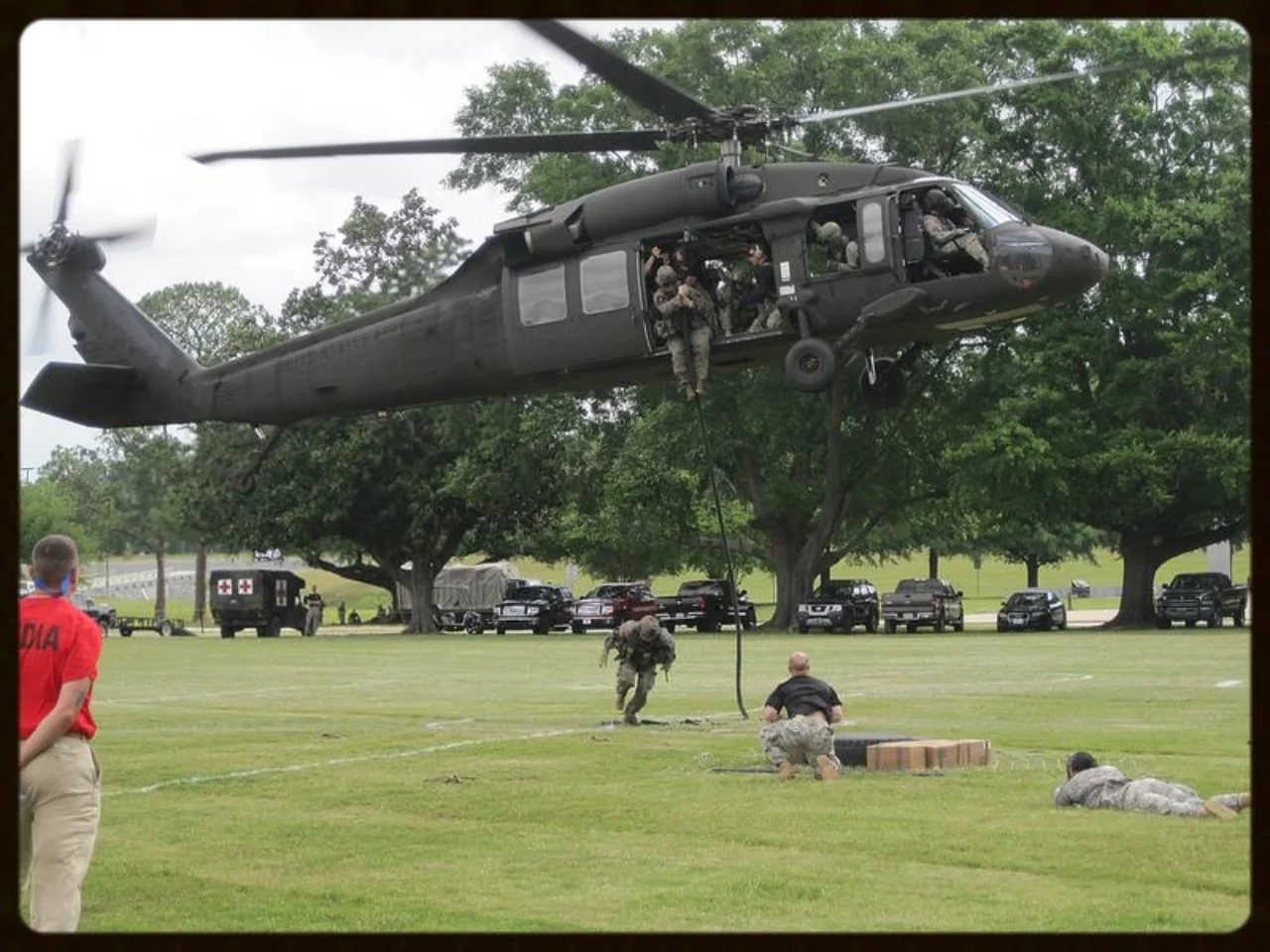 Sunday, April 15, 2012. Rangers fast roping from a UH-60 Black Hawk helicopter, Fort Benning, Georgia.