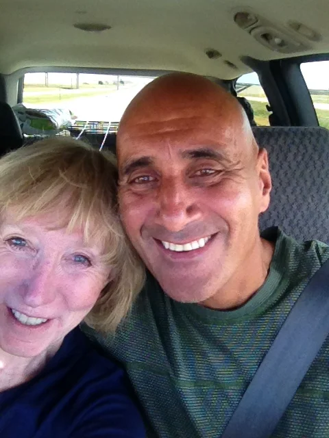 A selfie of Cathy and me driving