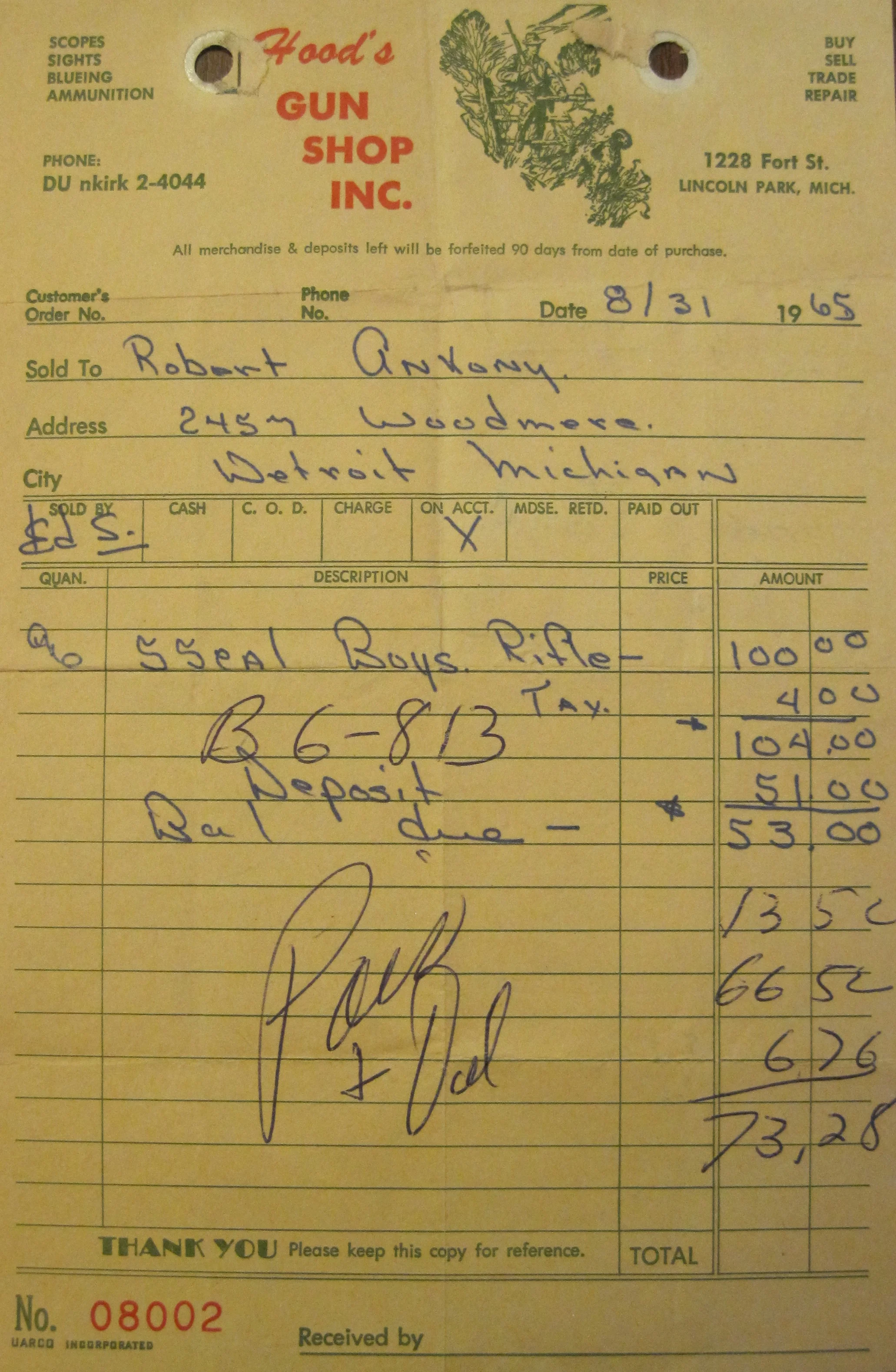 Tuesday, August 31, 1965, my bazooka receipt