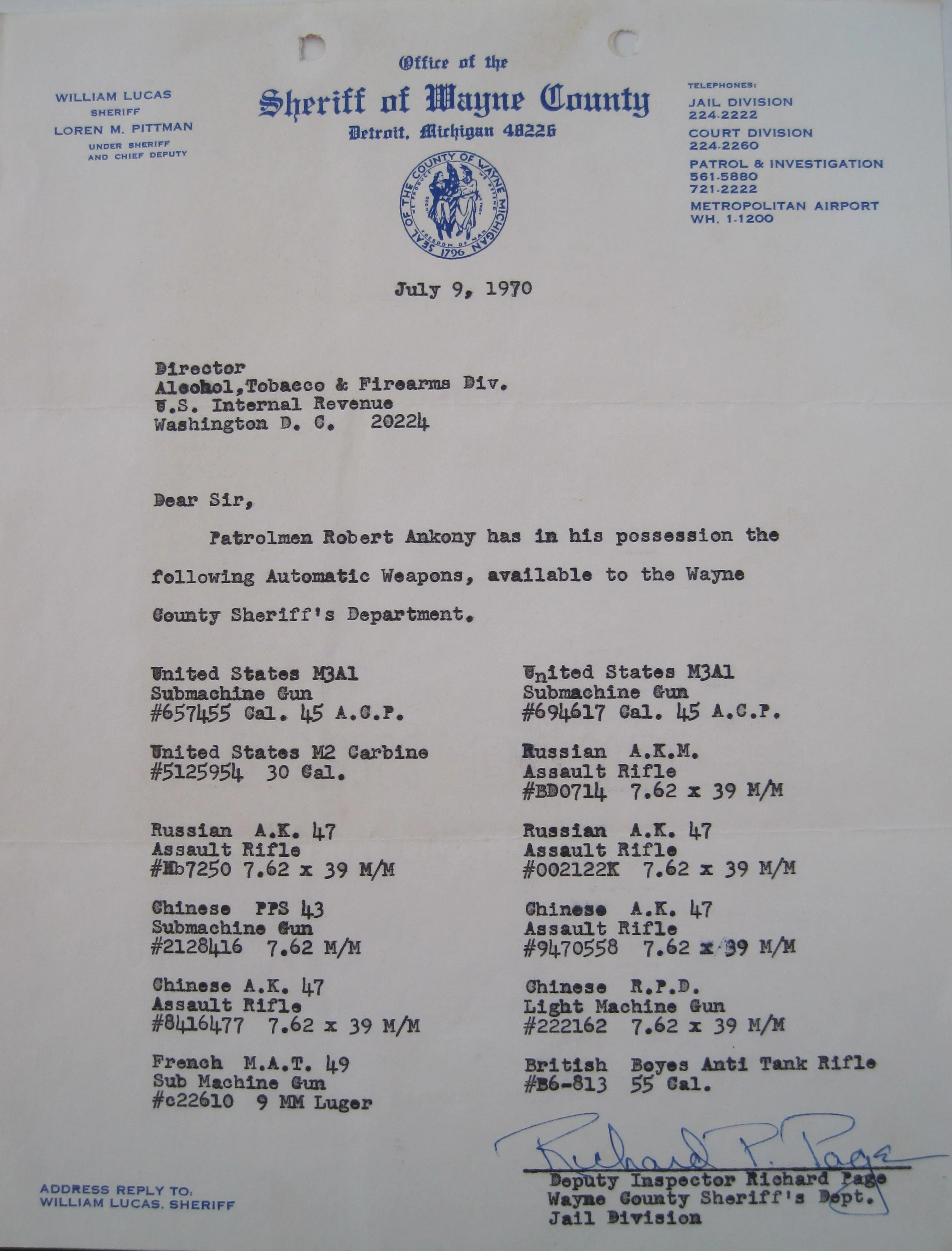 Thursday, July 9, 1970, sheriff's department letter citing weapons