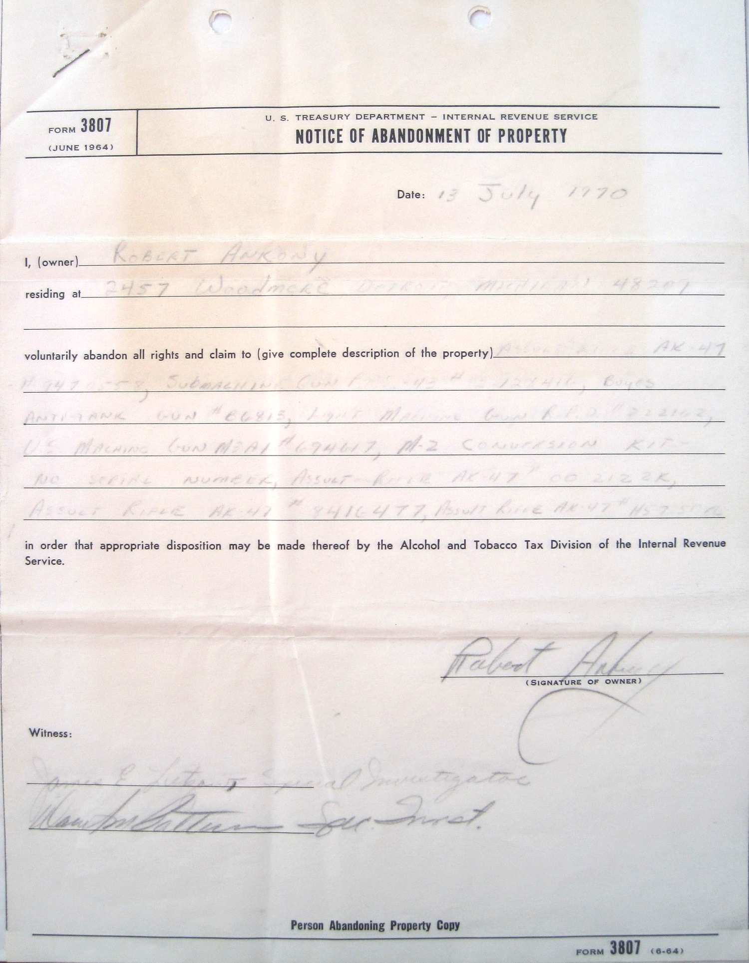 Monday, July 13, 1970, weapons abandonment