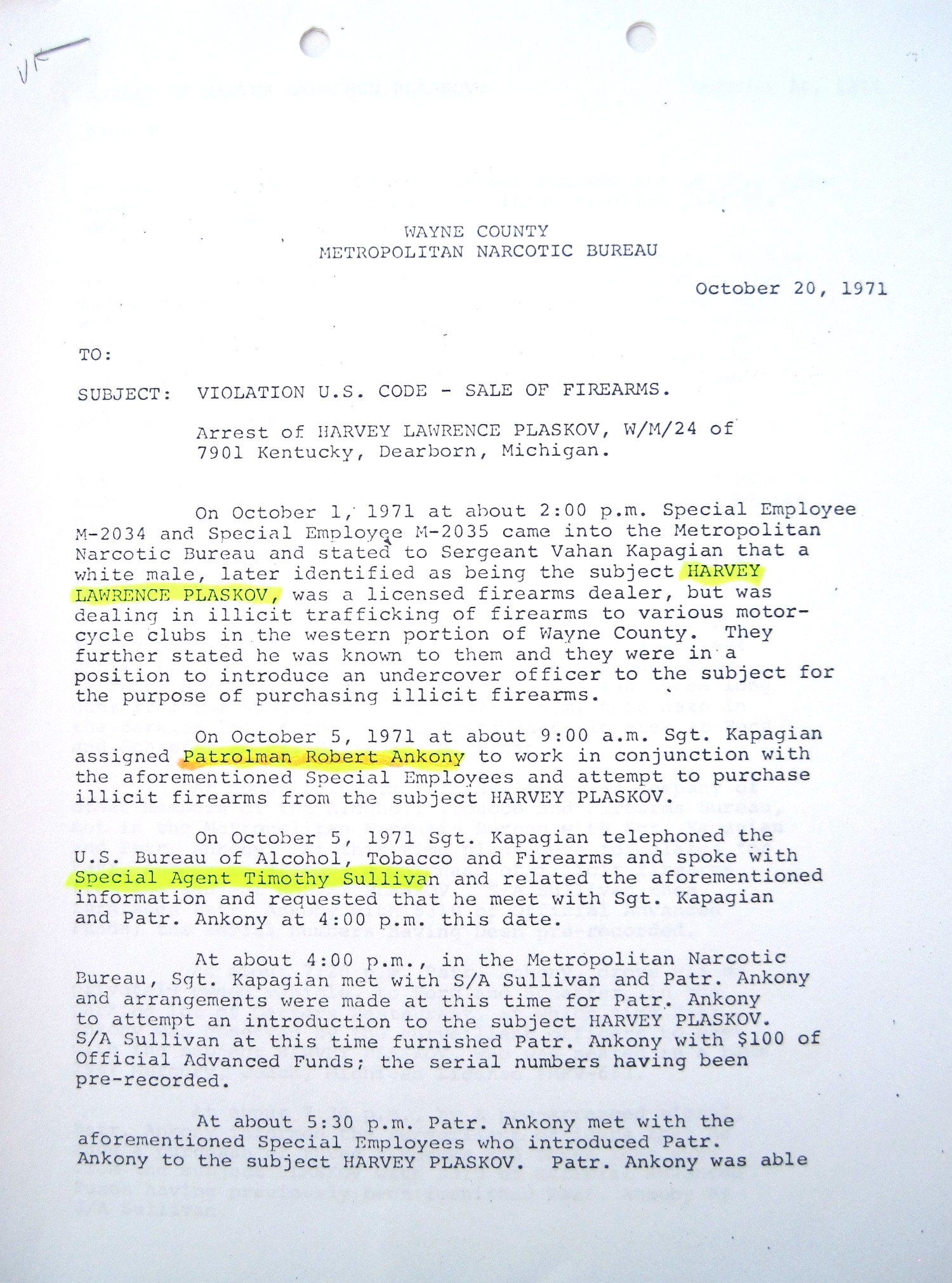 Wednesday, Oct. 20, 1971, Harvey Plaskov report