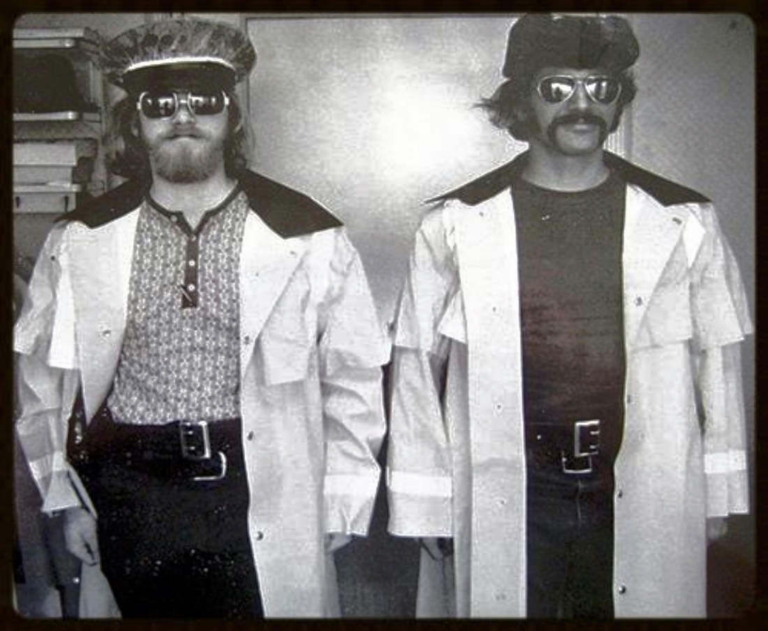 Michael Geldmacher and me horsing around in our Narcotics Bureau with winter uniform gear we were just issued in spite of our undercover assignment