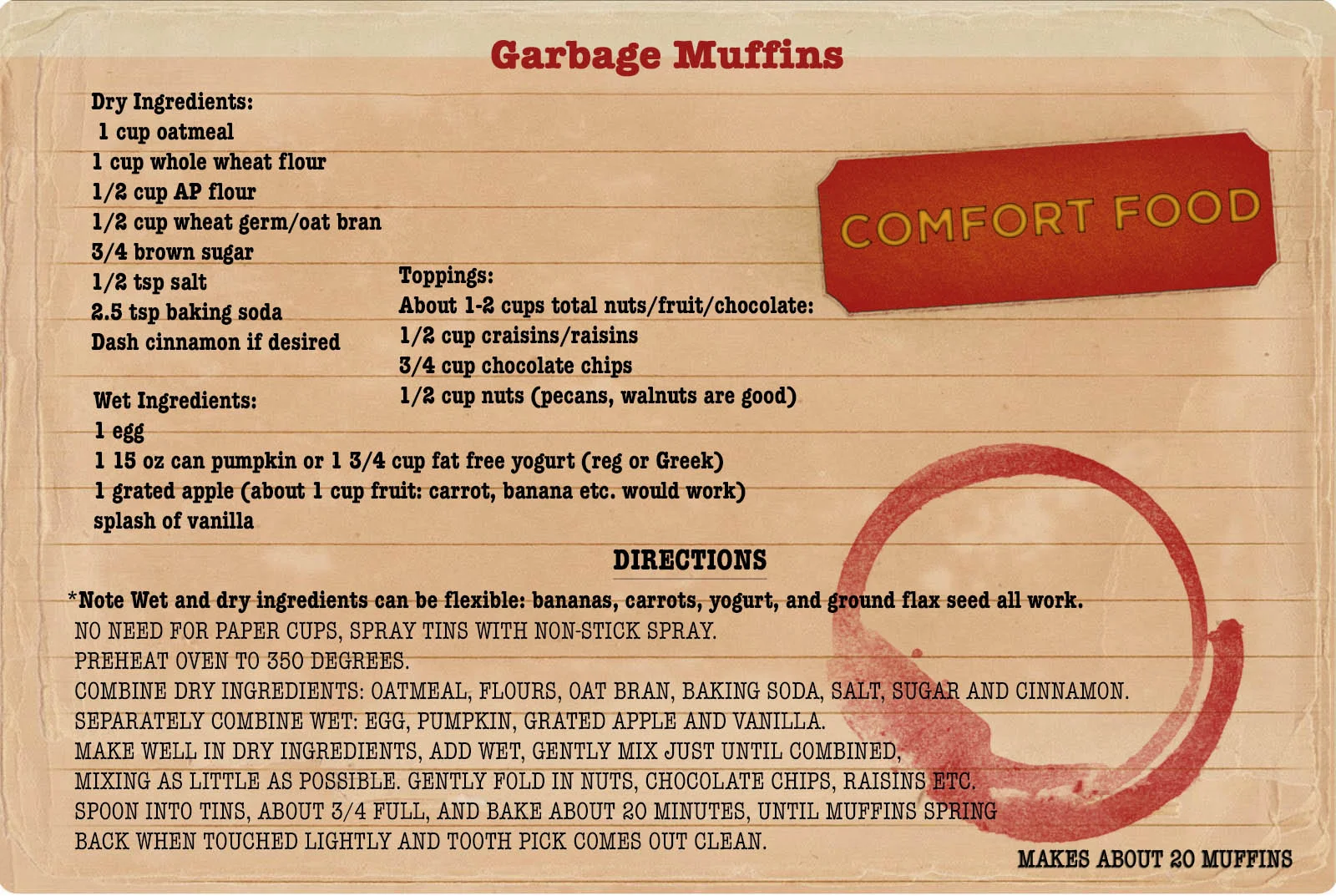 College Comfort food from My College Advice. Today's recipe: "garbage muffins" by Leah, made with oatmeal, wheat germ, grated carrot, chocolate chips, and whatever else is to hand.