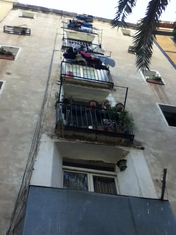 My laundry hanging out to dry from a balcony in Barcelona.