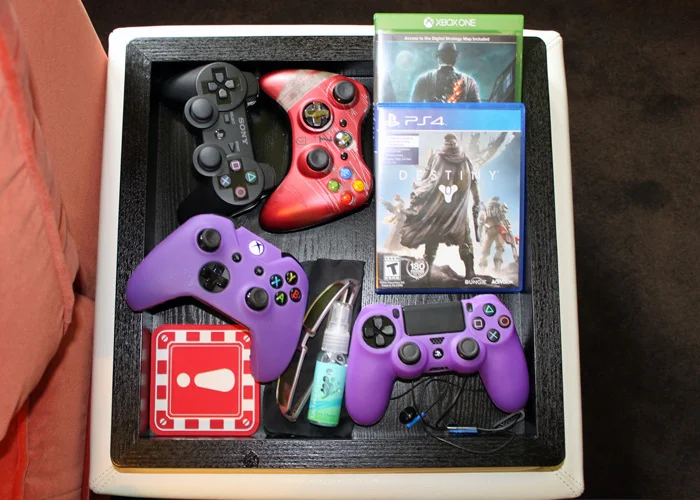Lauren's controller station at her end of the couch.