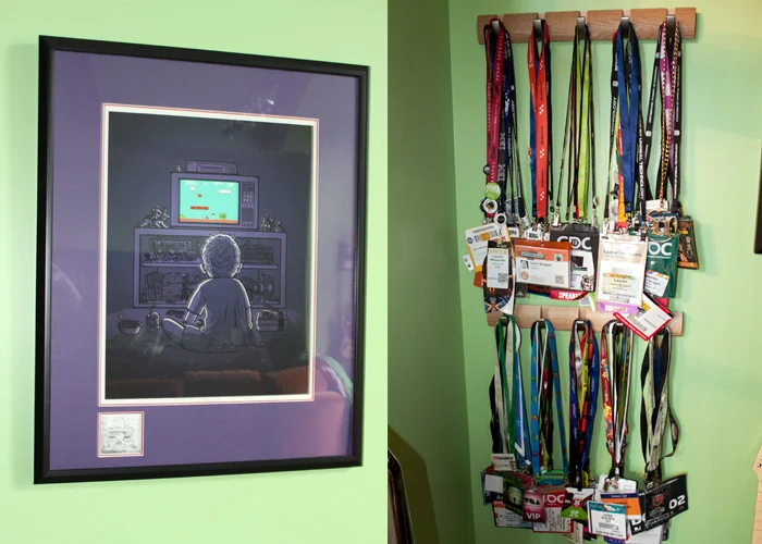 LEFT: Clifford loved this artwork because it brings back great memories of when he was a child playing games. RIGHT: Lauren kept every single badge from all the conventions/tourneys that she ever attended! (And a few of Clifford's too.)
