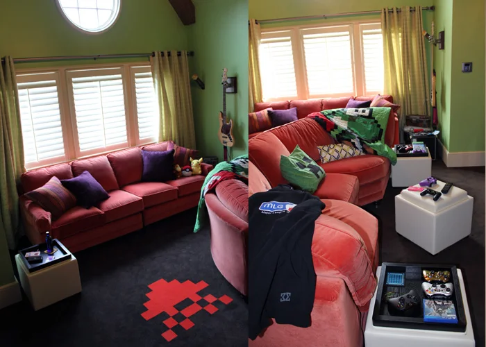 LEFT: We have a second couch in the back of the room that we use for hand held gaming. It also has a charging station for the 3DS, iPad and PSVITA. RIGHT: Got to have a spot for the feet to rest on and blanket+hoodies in case we get a little chilly!