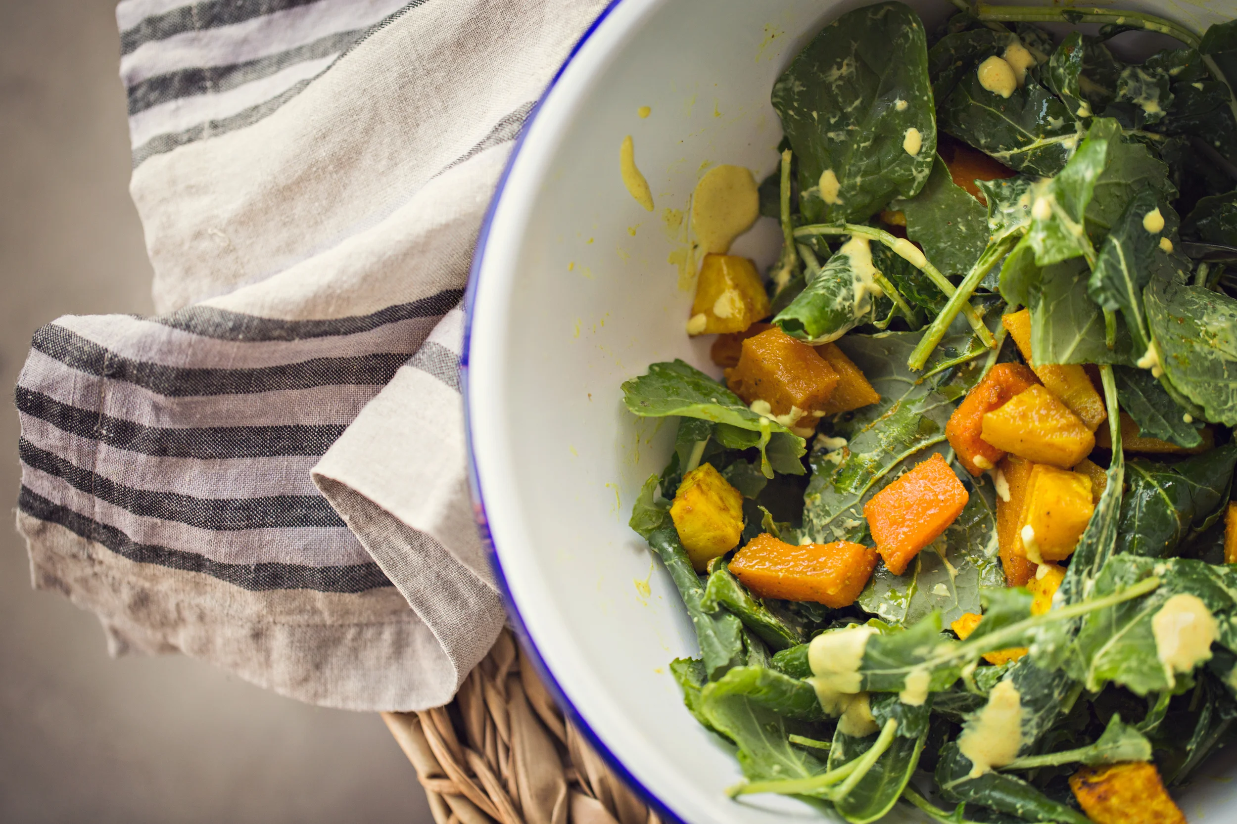 Roasted Root Vegetable + Greens with Curry Dressing