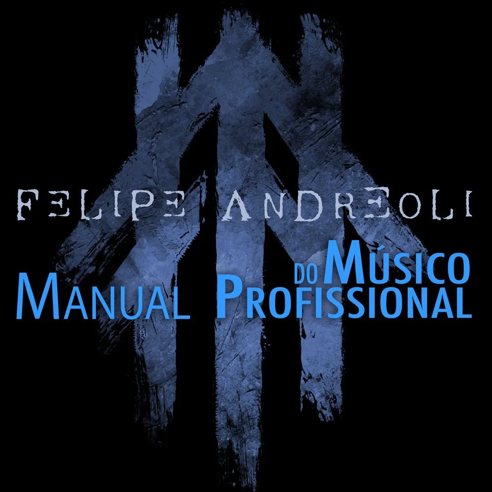 Capa do livro com fundo preto, uma grande letra 'A' estilizada em azul escuro com acabamento texturizado, e o título 'Manual Profissional do Músico' escrito em várias cores e tamanhos de fonte.