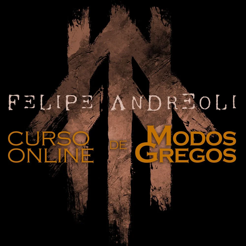 Imagem de fundo escuro com uma marca de escultura de pedra e o texto 'Felipe Andreoli' na parte superior e 'Curso de Modos Gregos Online' na parte inferior, em cores douradas e brancas.