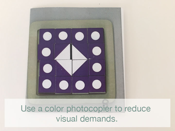 Seeing an example of how the cubes are laid out to create a big picture is helpful. It can be tricky to model this if the cubes you have are a different color, so I had Justine make some color copies of some select completed patterns to help introduce this concept (she spent a lot of time at the copier and laminator during her first few weeks- but she has a whole bunch of game-modification tricks up her sleeve now!).