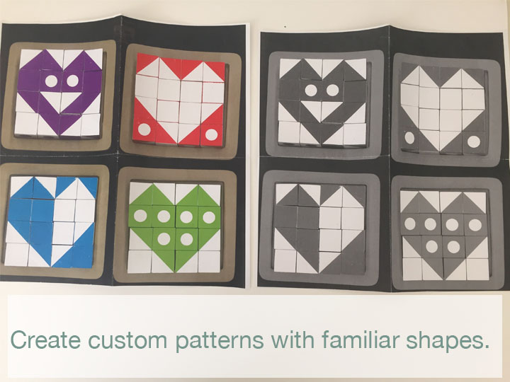 Around Valentine's day I made some heart-themed Q-Bitz challenges of my own in color and grayscale. Adding custom challenges with familiar shapes and forms can be another way to work on these concepts with greater comfort, motivation and ease. It also helps kids develop their own ideas for patterns using these as examples.
