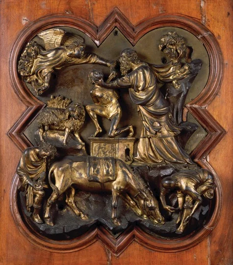 FILIPPO BRUNELLESCHI, Sacrifice of Isaac, competition panel for east doors, baptistery, Florence, Italy, 1401–1402. Gilded bronze, 1’ 9” x 1’ 5”. Museo Nazionale del Bargello, Florence.