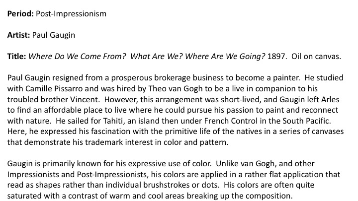 Kleiner, Fred. “Impressionism, Post-Impressionism, Symbolism: Europe and America, 1870-1900” Gardener's Art through the Ages , Senior Development Editor: Sharon Adams Poore, 14th Edition, Boston*, Clark Baxter, 2013, pp.799-832.